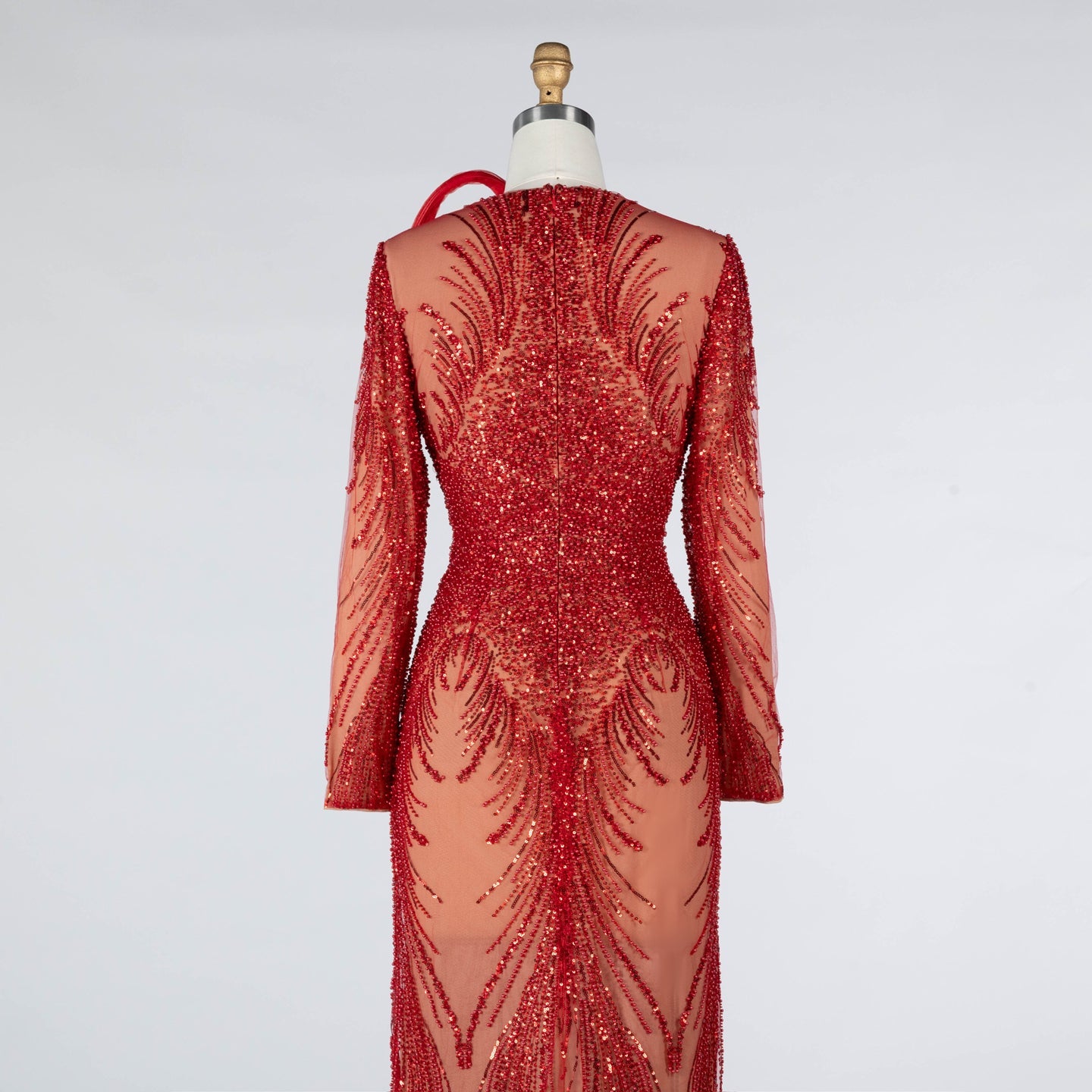 Red Sequin Beaded Long Sleeve Evening Dress with 3D Sculptural Neck Detail ST020 Sheer Fairy
