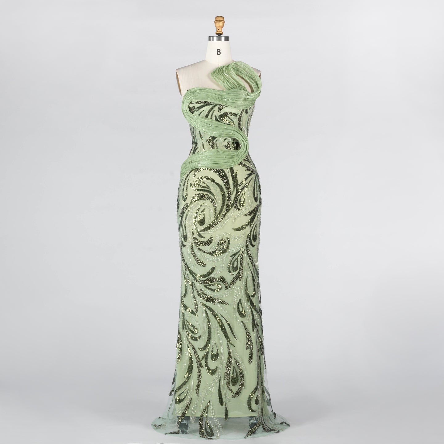Sage Green Sculpted Bodice Embellished Mermaid Evening Gown ST018 Sheer Fairy
