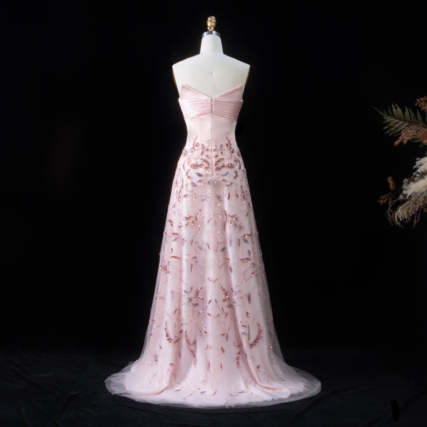 Blush Pink Strapless Sweetheart Beaded Floral A-Line Evening Gown SS529 Sheer Fairy