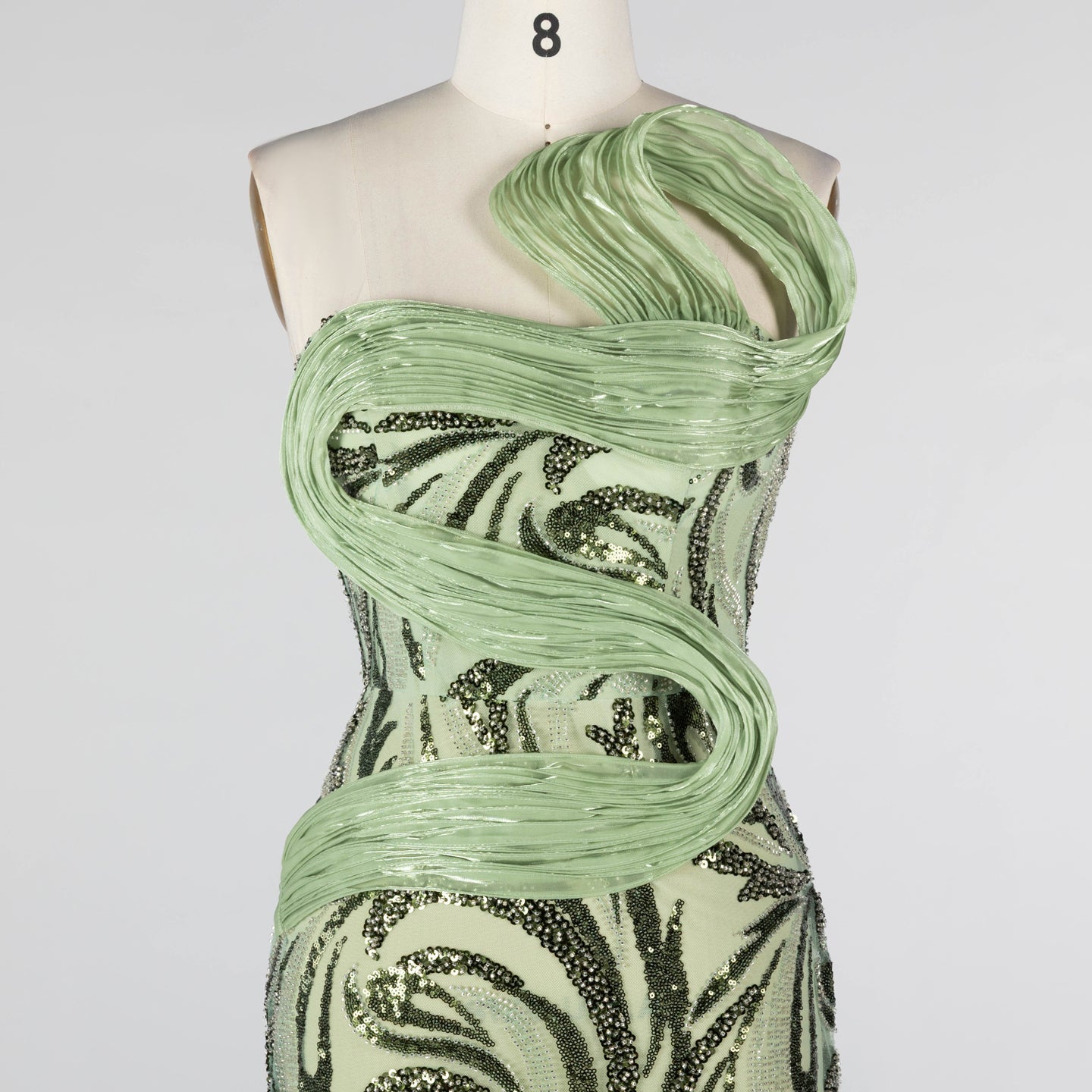 Sage Green Sculpted Bodice Embellished Mermaid Evening Gown ST018 Sheer Fairy