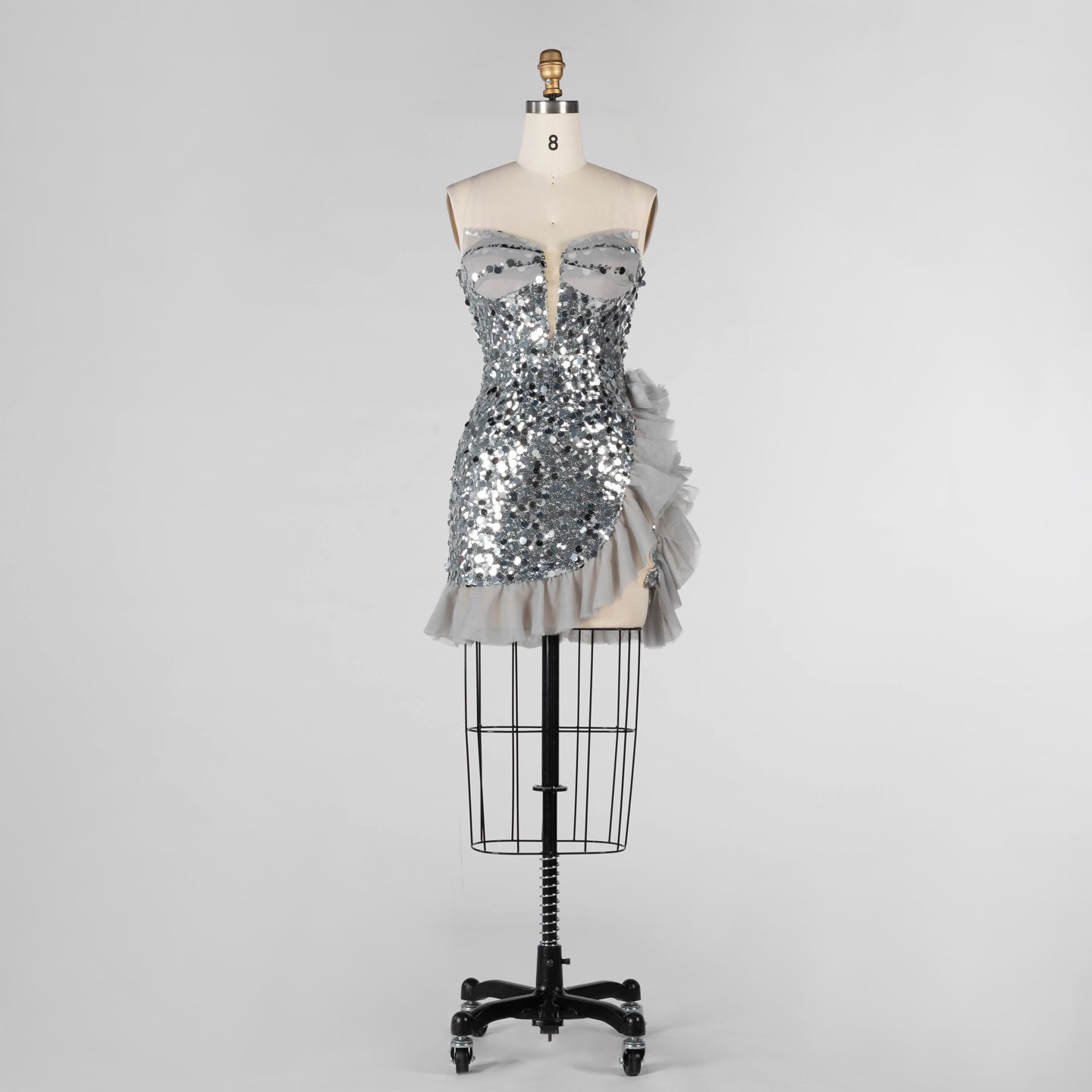 Gray Sequin Strapless Mini Evening Dress with Ruffle Tulle Hem ST019 Sheer Fairy