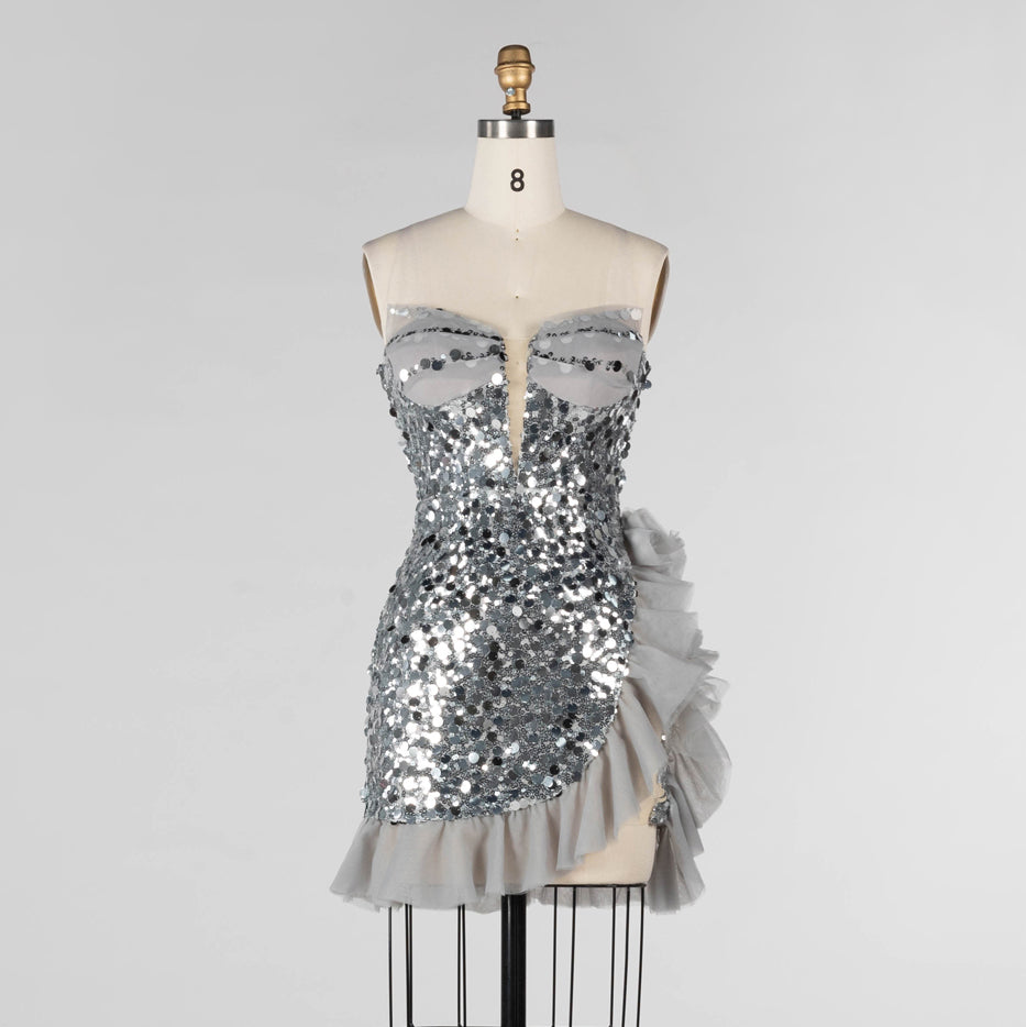 Gray Sequin Strapless Mini Evening Dress with Ruffle Tulle Hem ST019 Sheer Fairy
