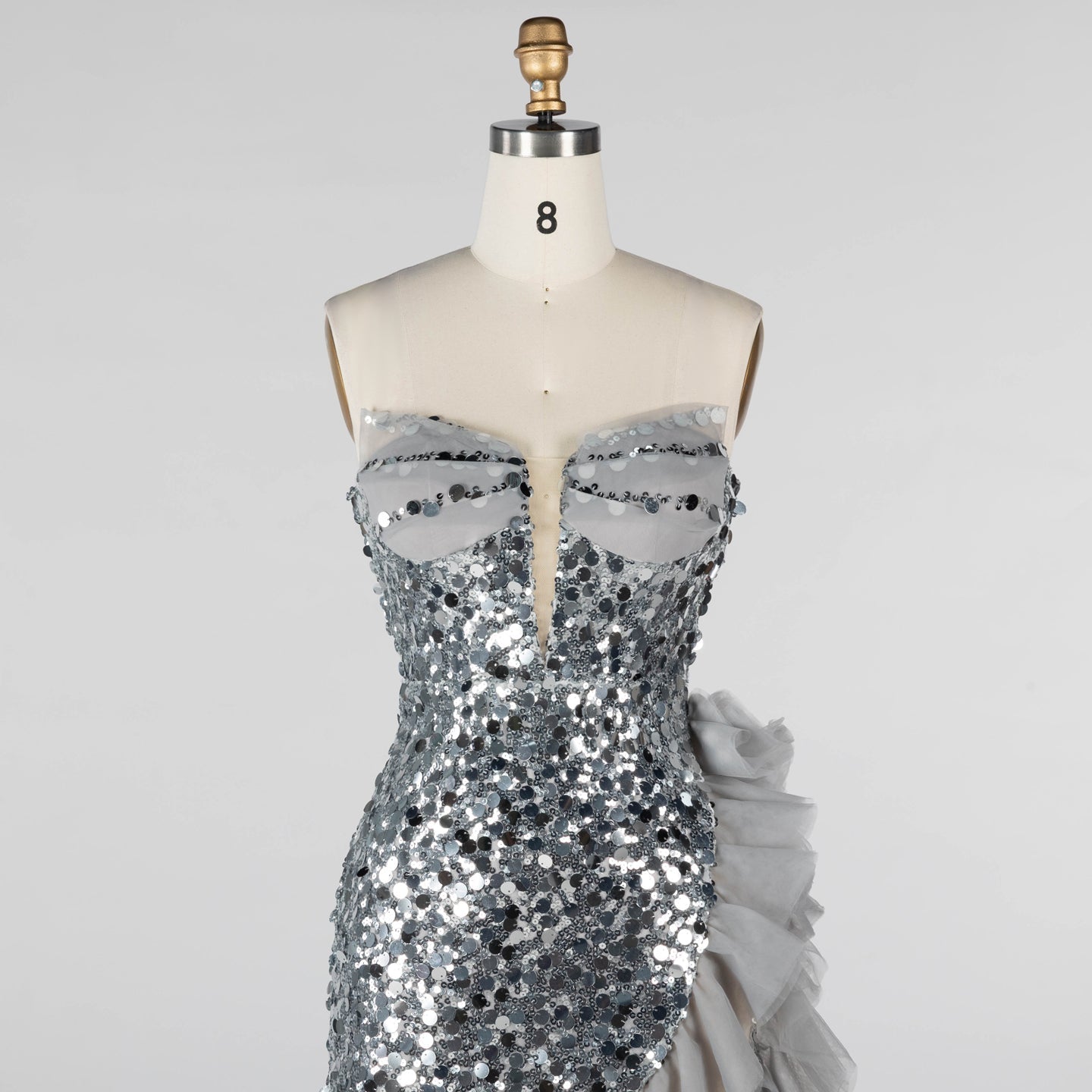 Gray Sequin Strapless Mini Evening Dress with Ruffle Tulle Hem ST019 Sheer Fairy