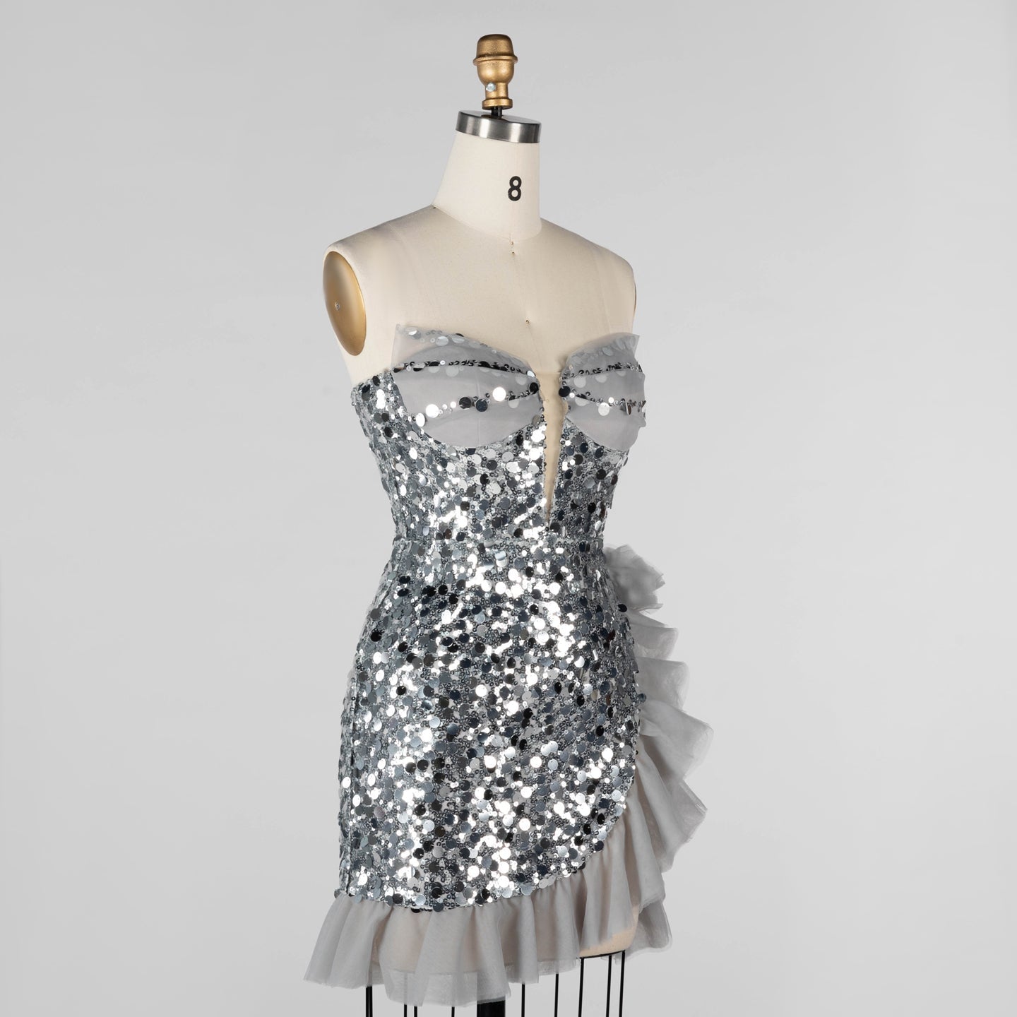 Gray Sequin Strapless Mini Evening Dress with Ruffle Tulle Hem ST019 Sheer Fairy