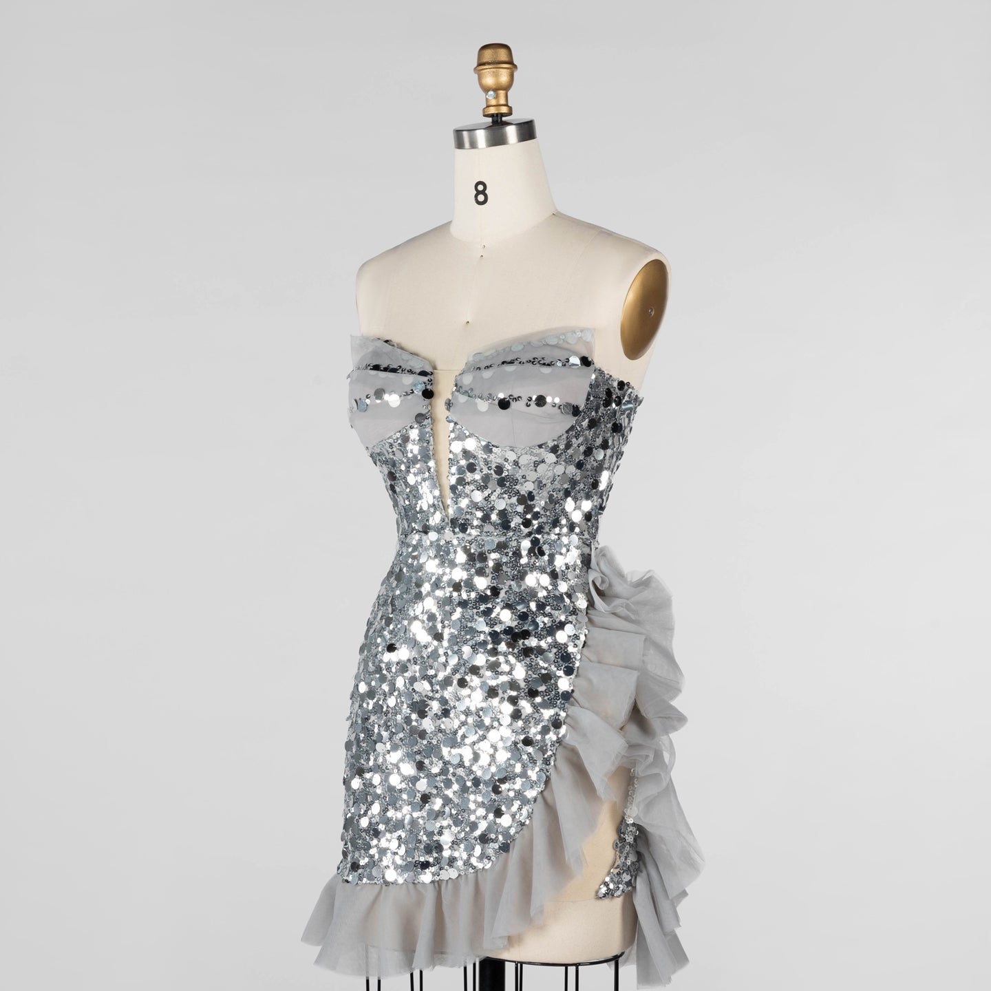 Gray Sequin Strapless Mini Evening Dress with Ruffle Tulle Hem ST019 Sheer Fairy