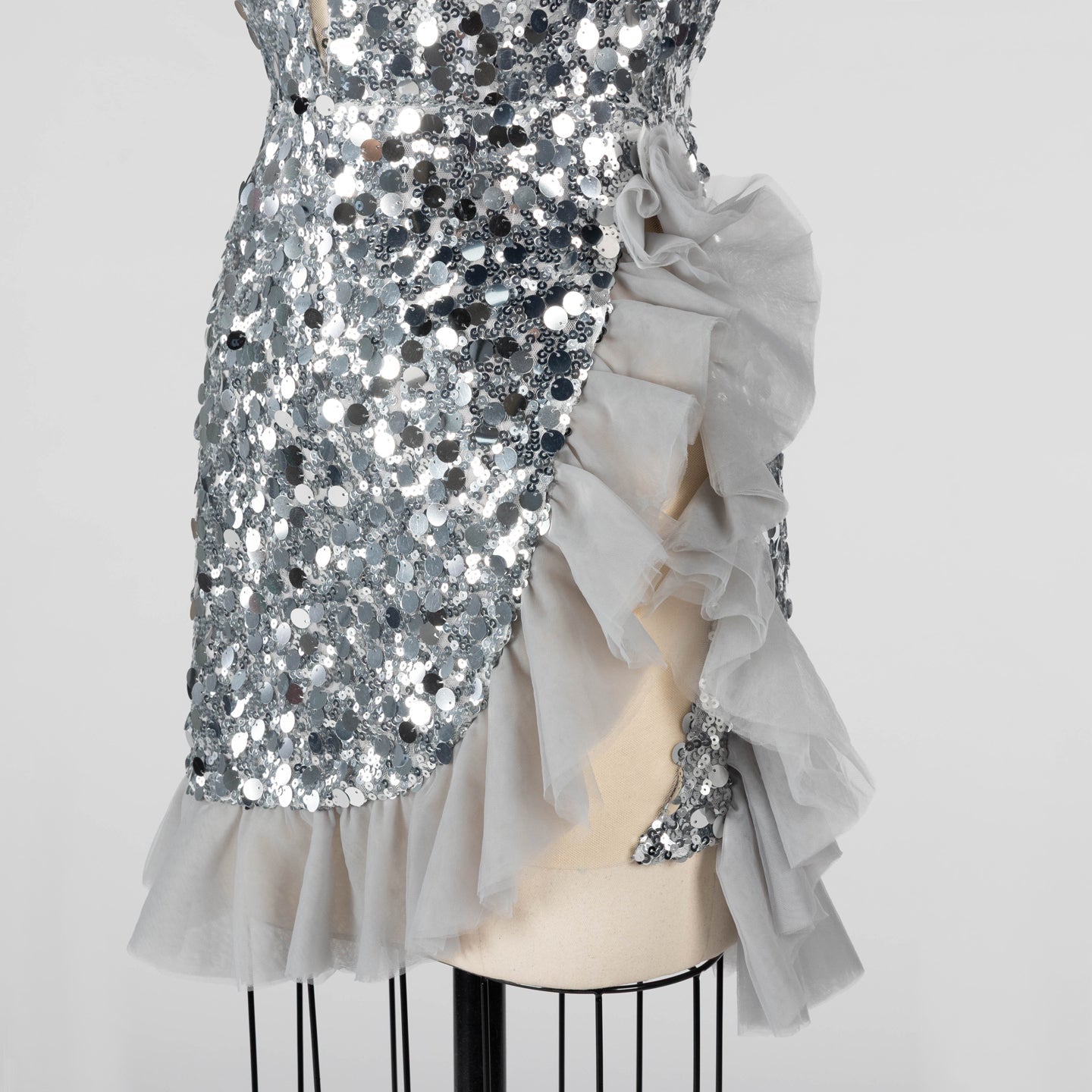 Gray Sequin Strapless Mini Evening Dress with Ruffle Tulle Hem ST019 Sheer Fairy