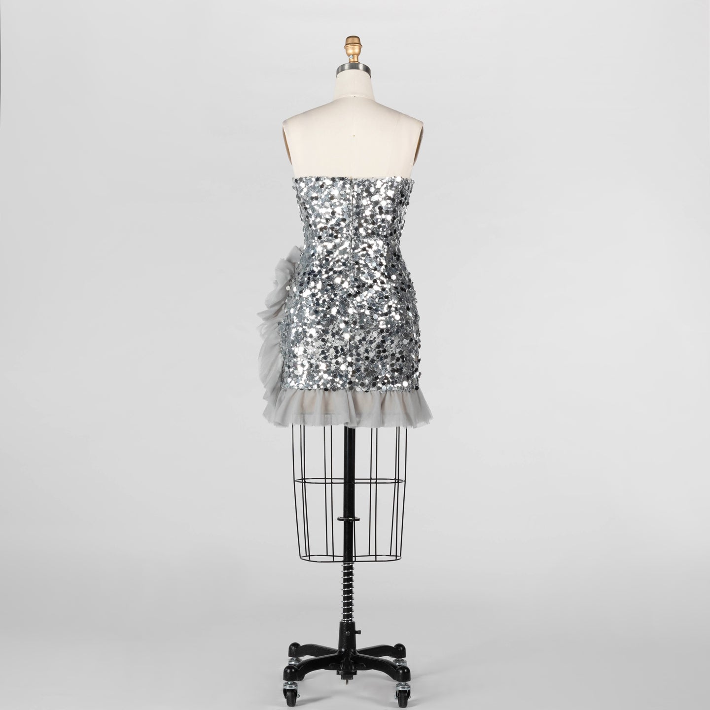 Gray Sequin Strapless Mini Evening Dress with Ruffle Tulle Hem ST019 Sheer Fairy