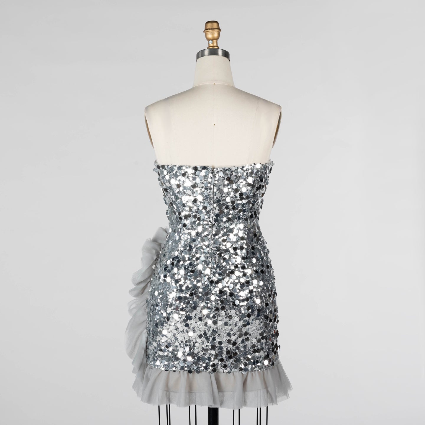 Gray Sequin Strapless Mini Evening Dress with Ruffle Tulle Hem ST019 Sheer Fairy