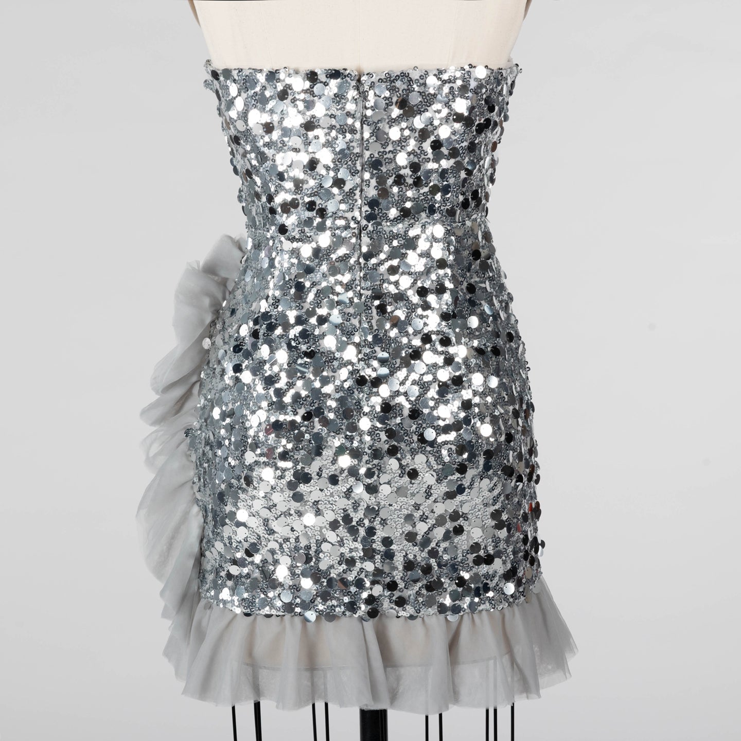 Gray Sequin Strapless Mini Evening Dress with Ruffle Tulle Hem ST019 Sheer Fairy