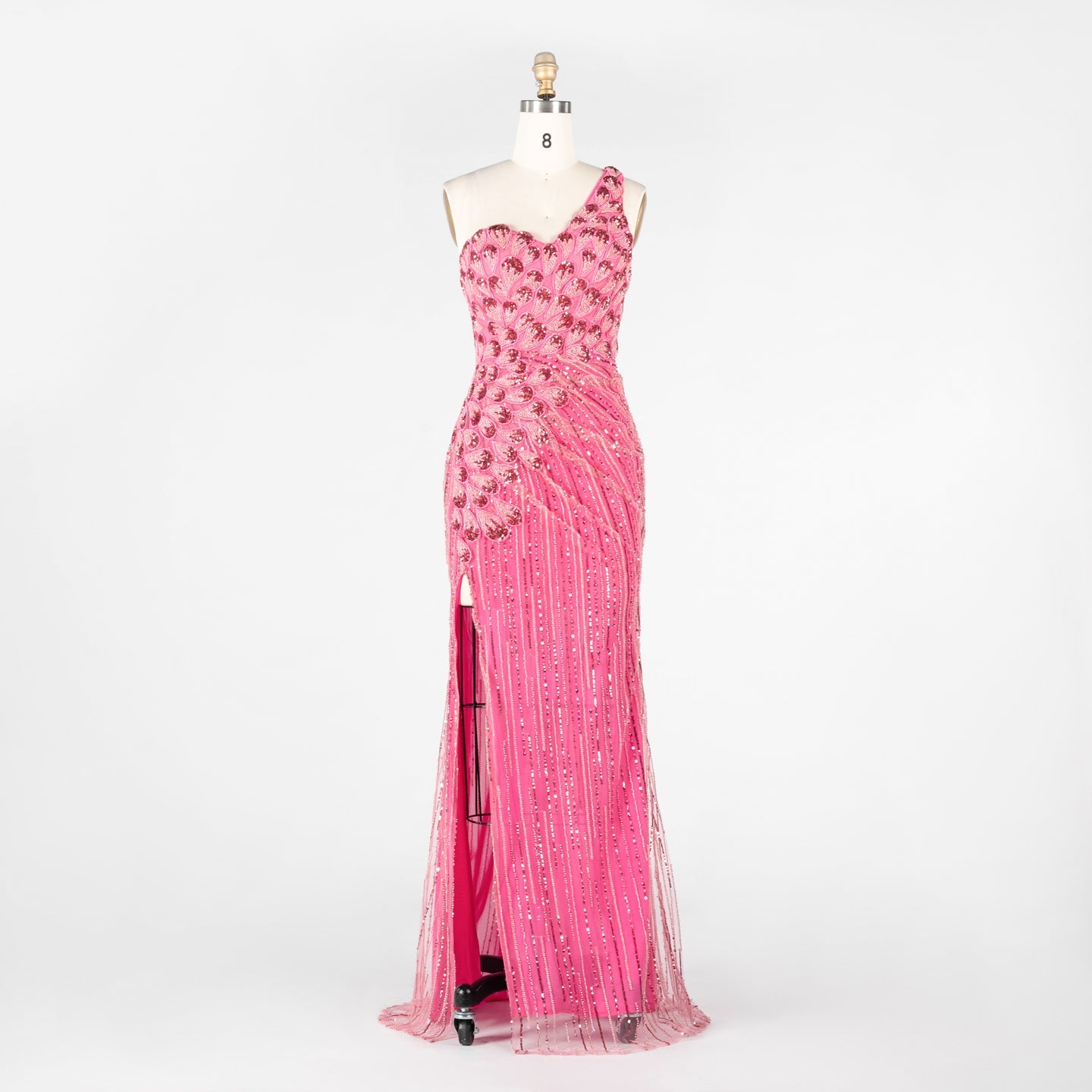 Hot Pink Beaded Striped Evening Dress One Shoulder Thigh Slit Prom Gown ST022 Sheer Fairy