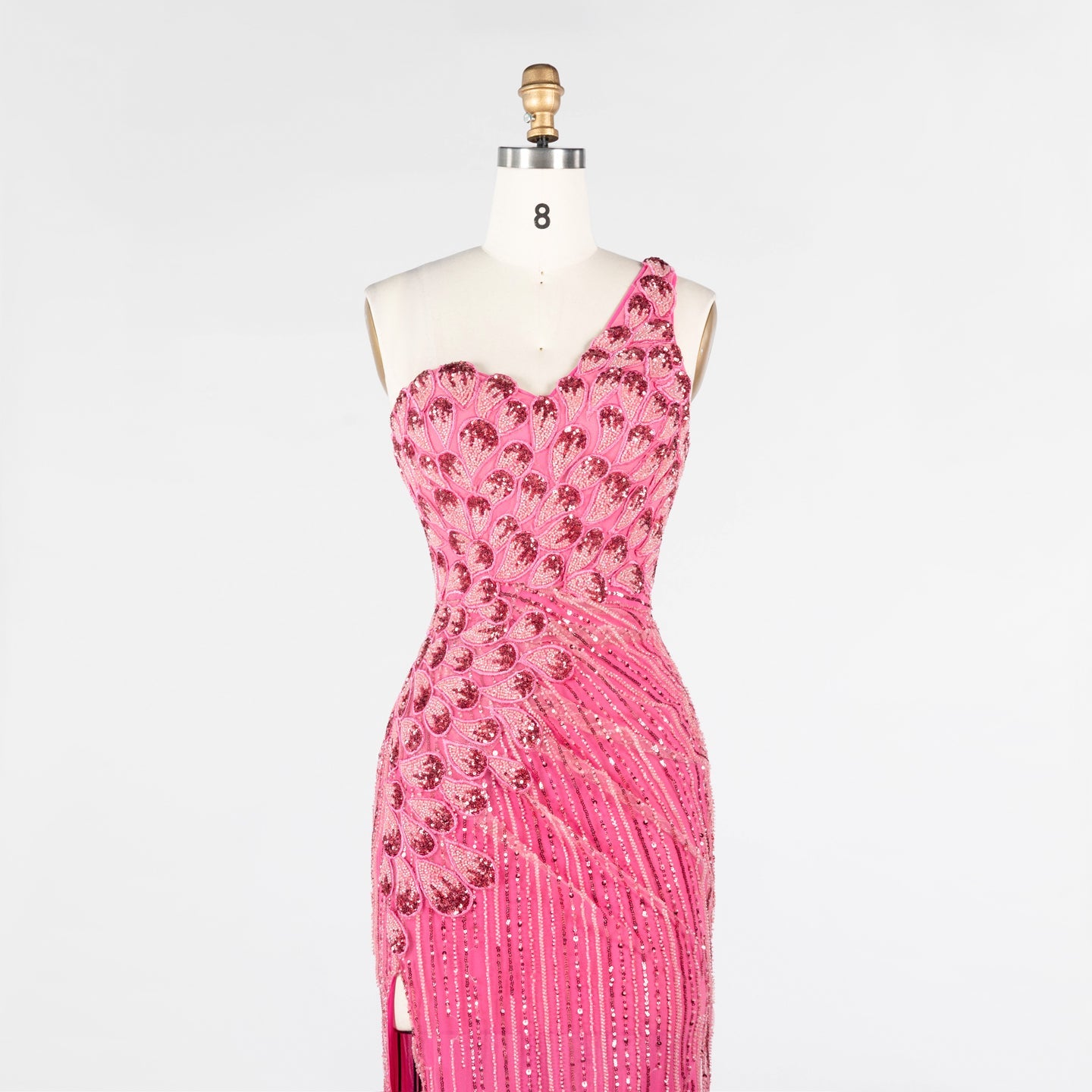Hot Pink Beaded Striped Evening Dress One Shoulder Thigh Slit Prom Gown ST022 Sheer Fairy