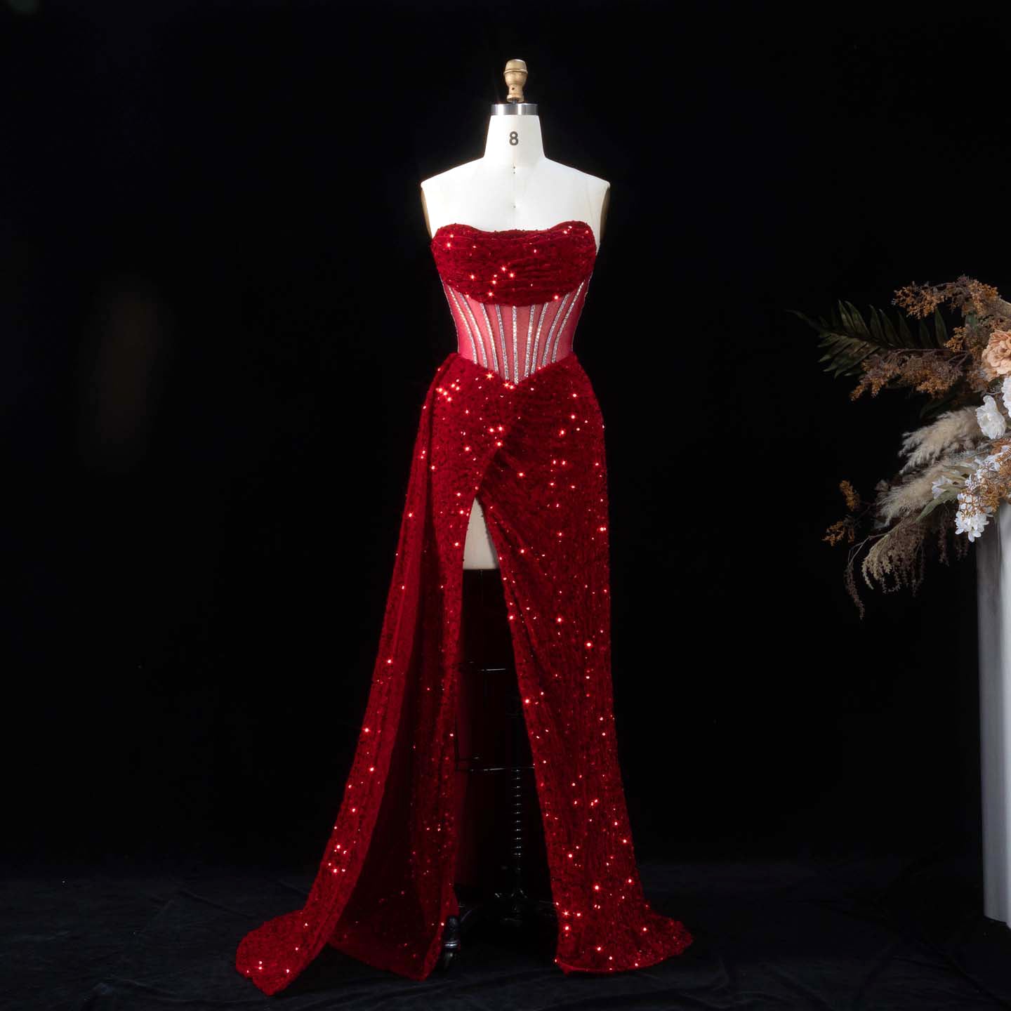 Luxury Red Sheer Corset Prom Dress with High Slit SH190 Sheer Fairy