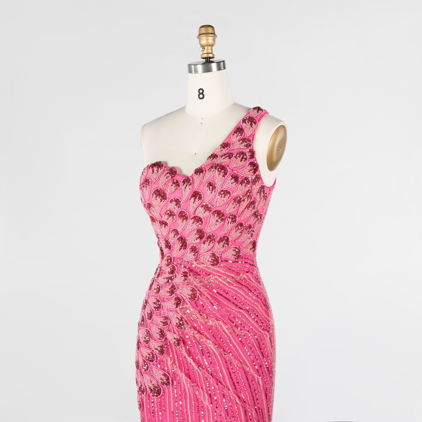 Hot Pink Beaded Striped Evening Dress One Shoulder Thigh Slit Prom Gown ST022 Sheer Fairy