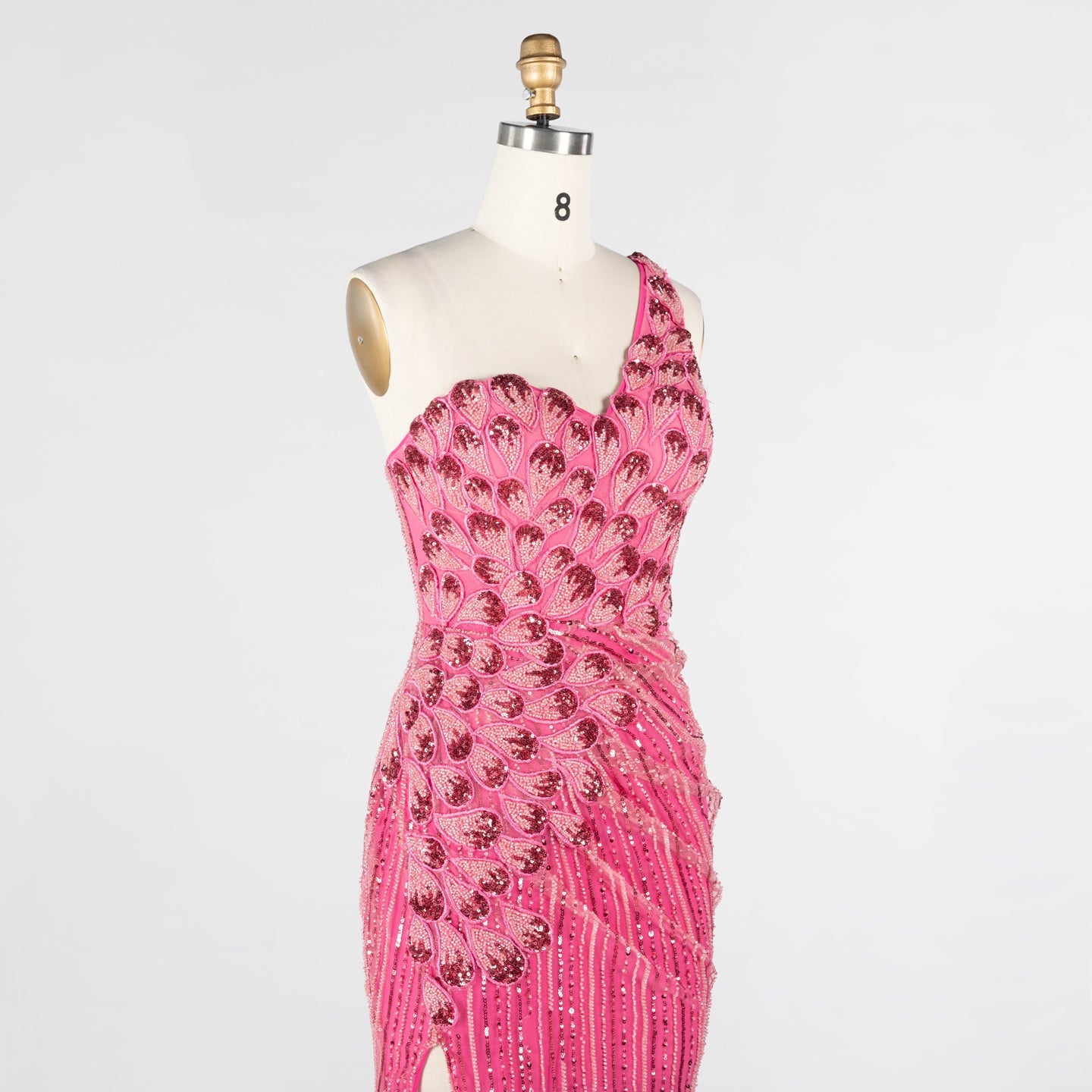 Hot Pink Beaded Striped Evening Dress One Shoulder Thigh Slit Prom Gown ST022 Sheer Fairy