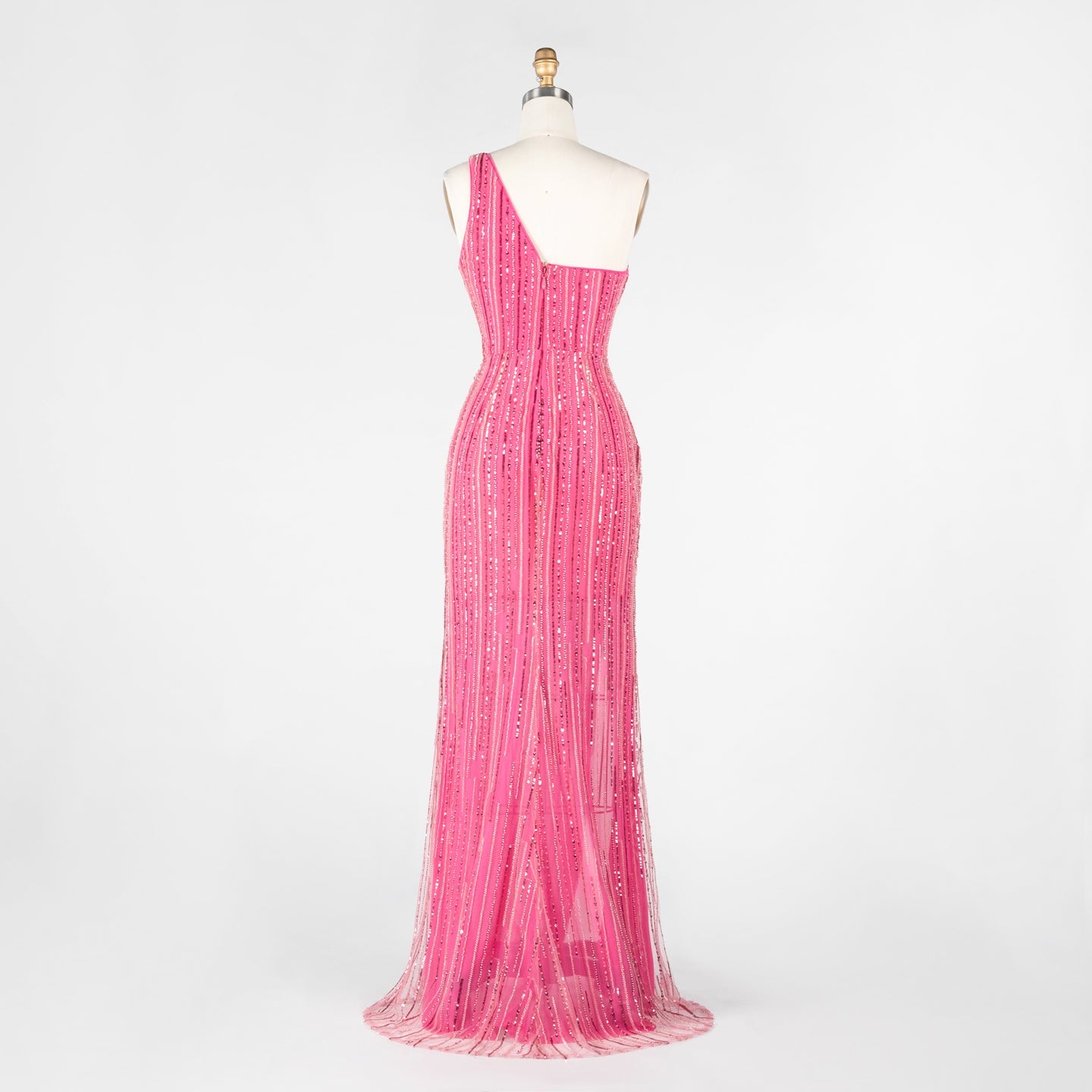Hot Pink Beaded Striped Evening Dress One Shoulder Thigh Slit Prom Gown ST022 Sheer Fairy