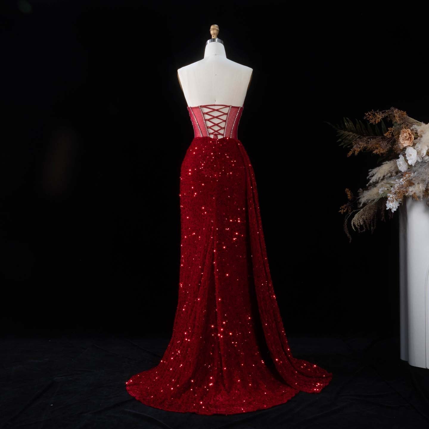 Luxury Red Sheer Corset Prom Dress with High Slit SH190 Sheer Fairy