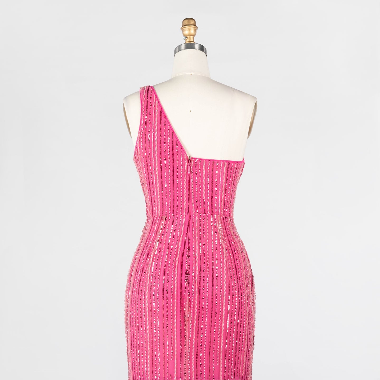 Hot Pink Beaded Striped Evening Dress One Shoulder Thigh Slit Prom Gown ST022 Sheer Fairy