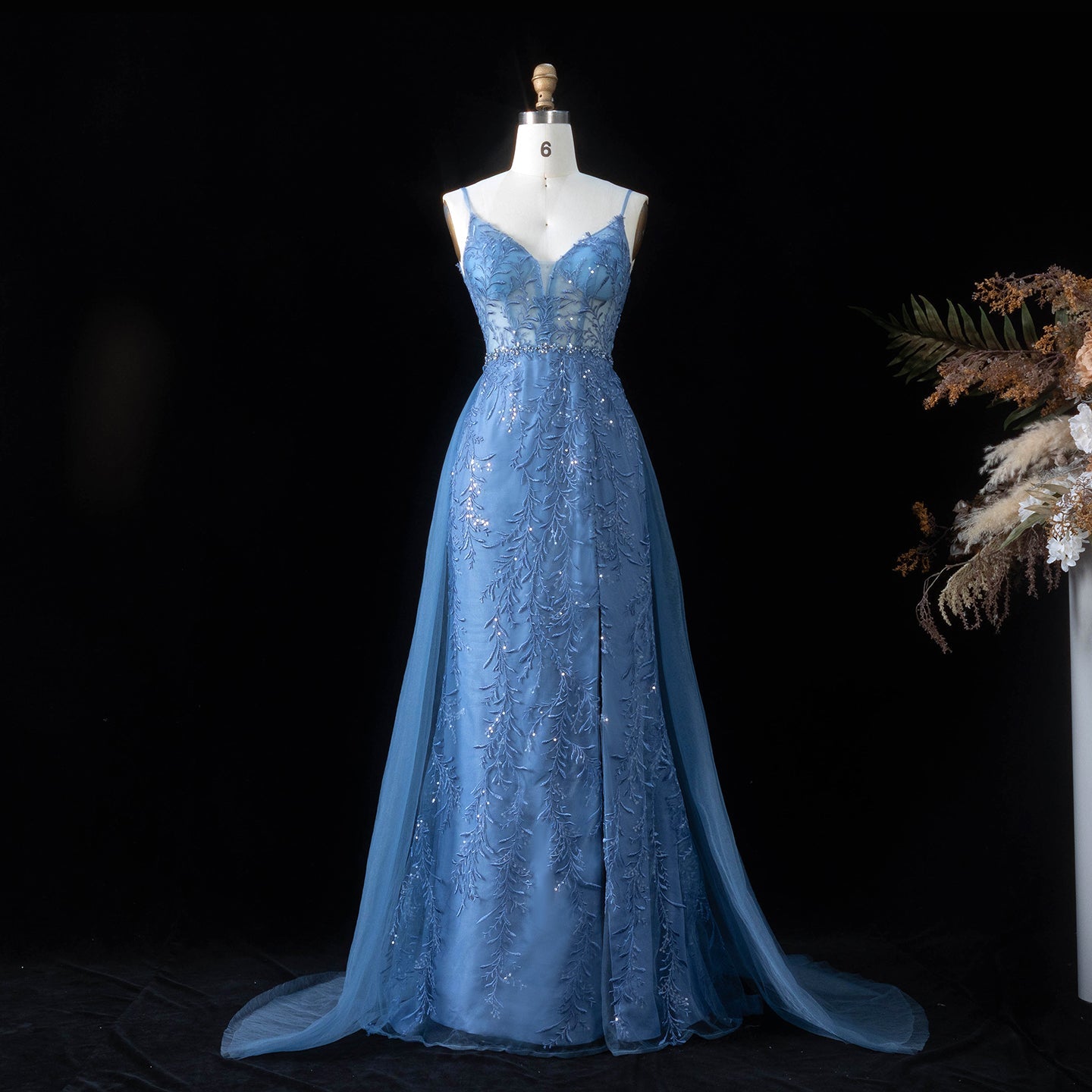 Romantic Dusty Blue Sheer Bodice Prom Dress with Train SH191 Sheer Fairy