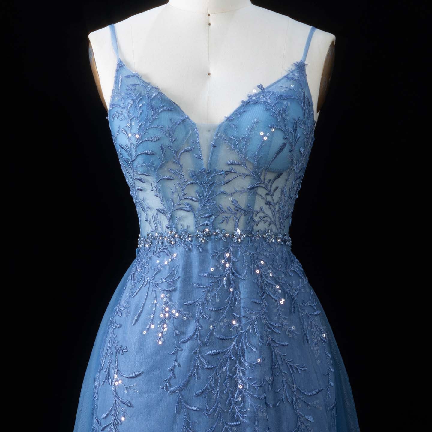 Romantic Dusty Blue Sheer Bodice Prom Dress with Train SH191 Sheer Fairy