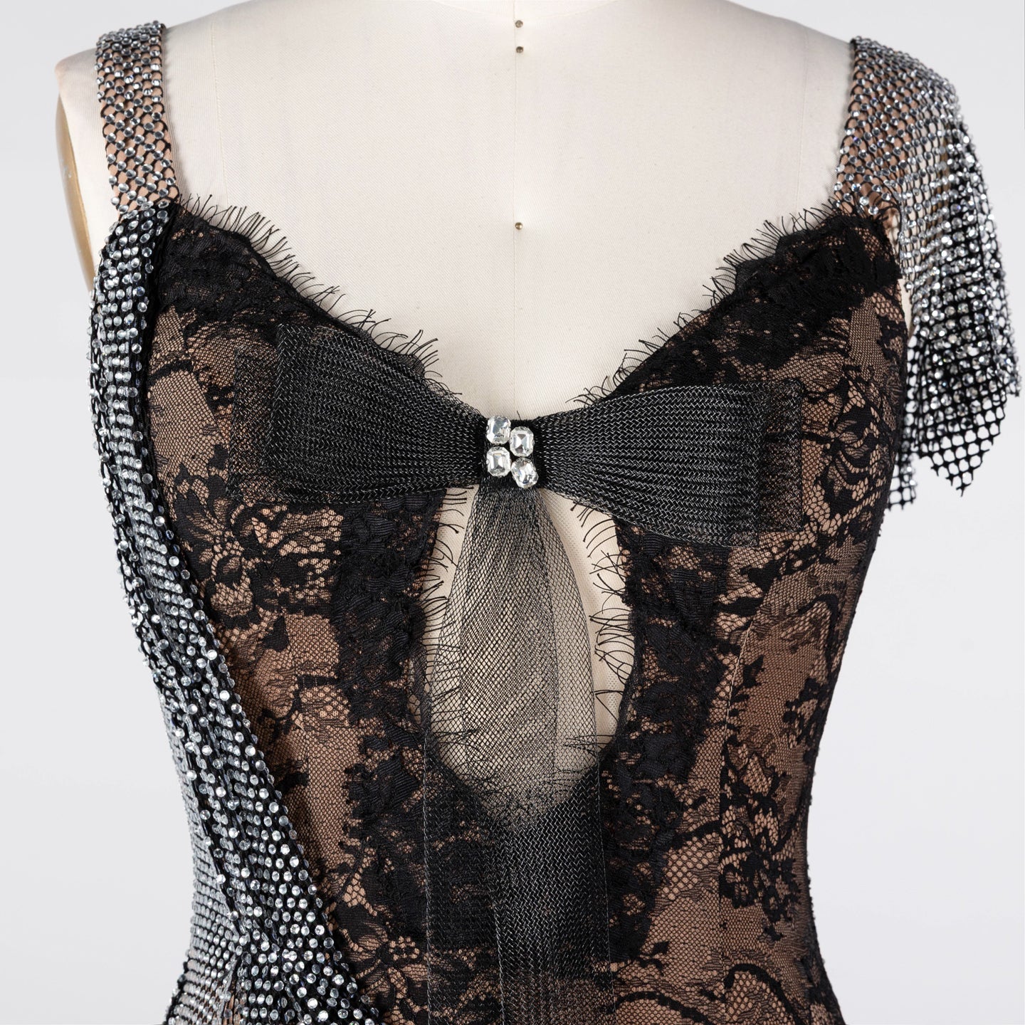 Black Lace Patchwork Silver Sparkle Mesh Floor Length Evening Dress ST023 Sheer Fairy