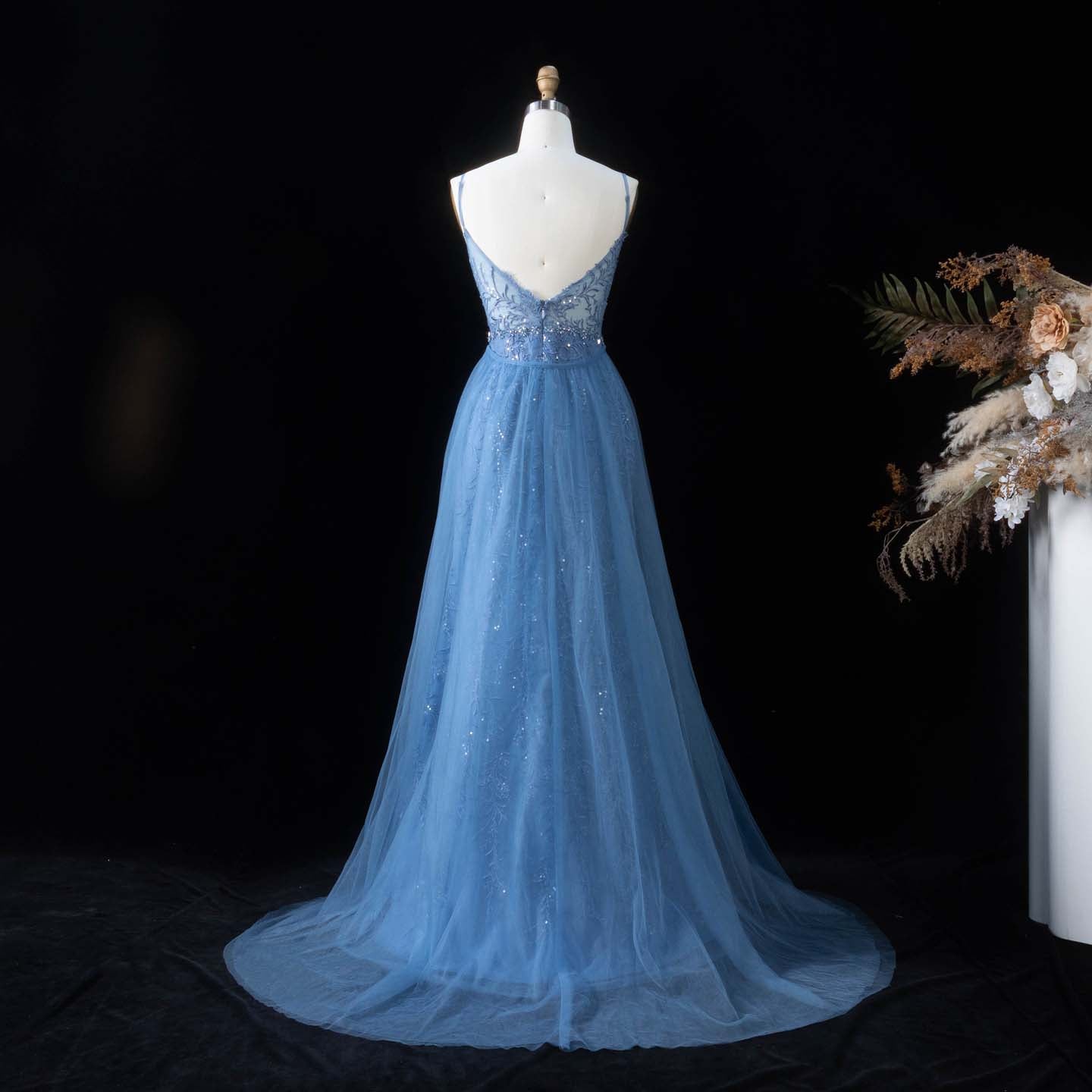 Romantic Dusty Blue Sheer Bodice Prom Dress with Train SH191 Sheer Fairy