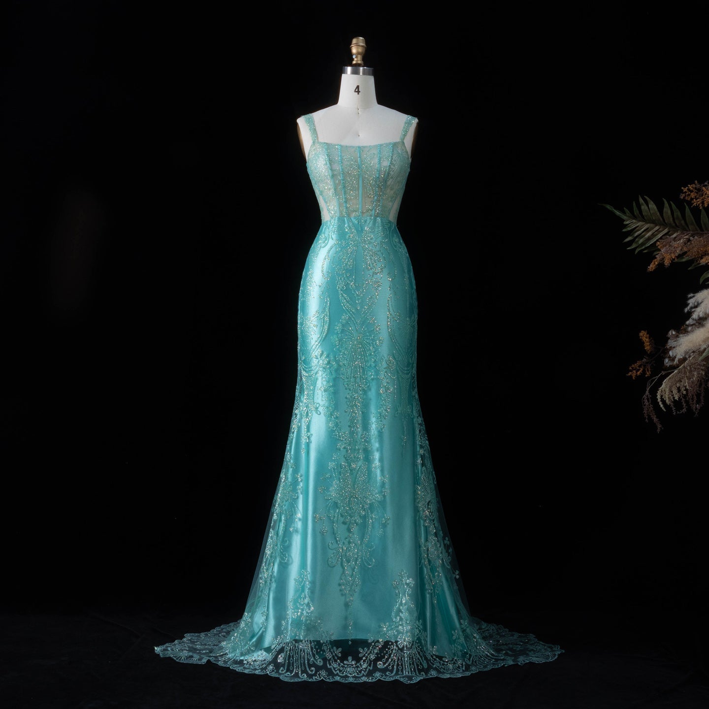 Glamorous Turquoise Spaghetti Strap Prom Dress with Lace Overlay SH192 Sheer Fairy