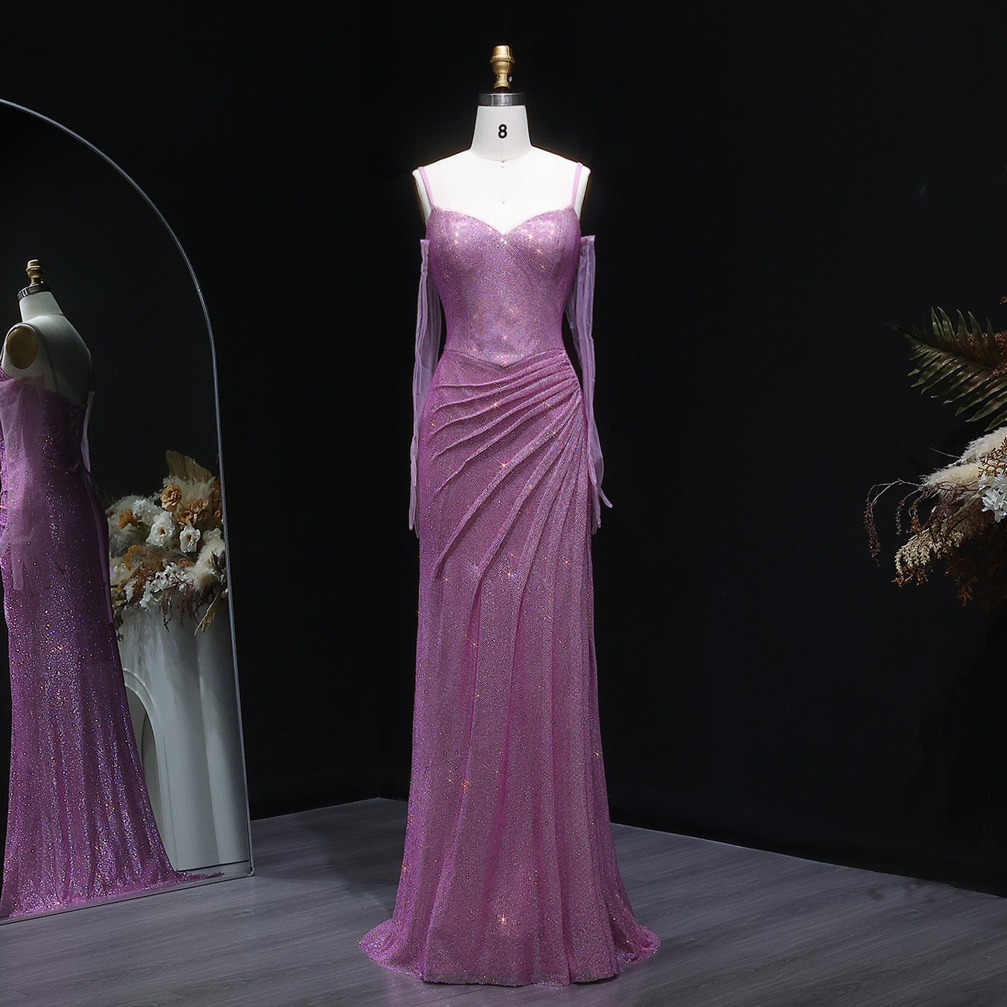 Luxury Sequin Fuchsia Spaghetti Strap Evening Dress with Slit SH564