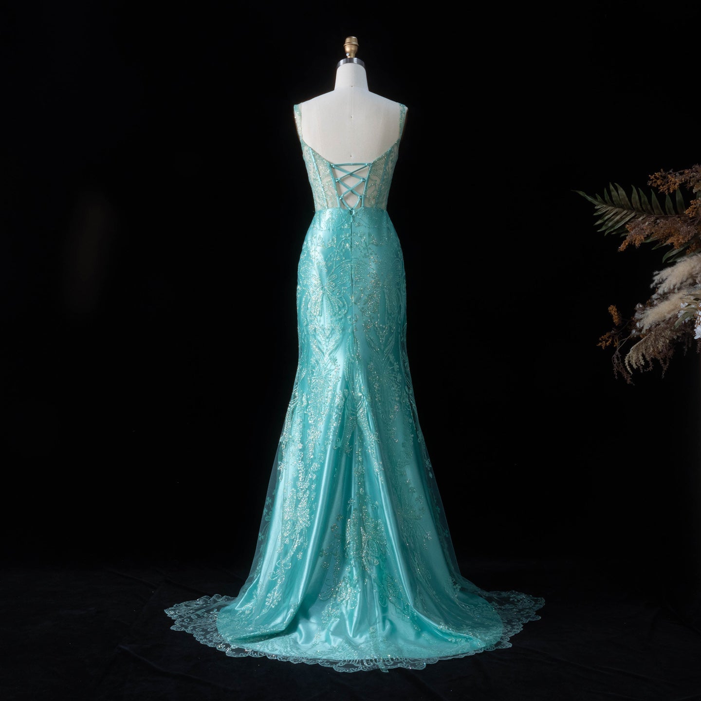 Glamorous Turquoise Spaghetti Strap Prom Dress with Lace Overlay SH192 Sheer Fairy