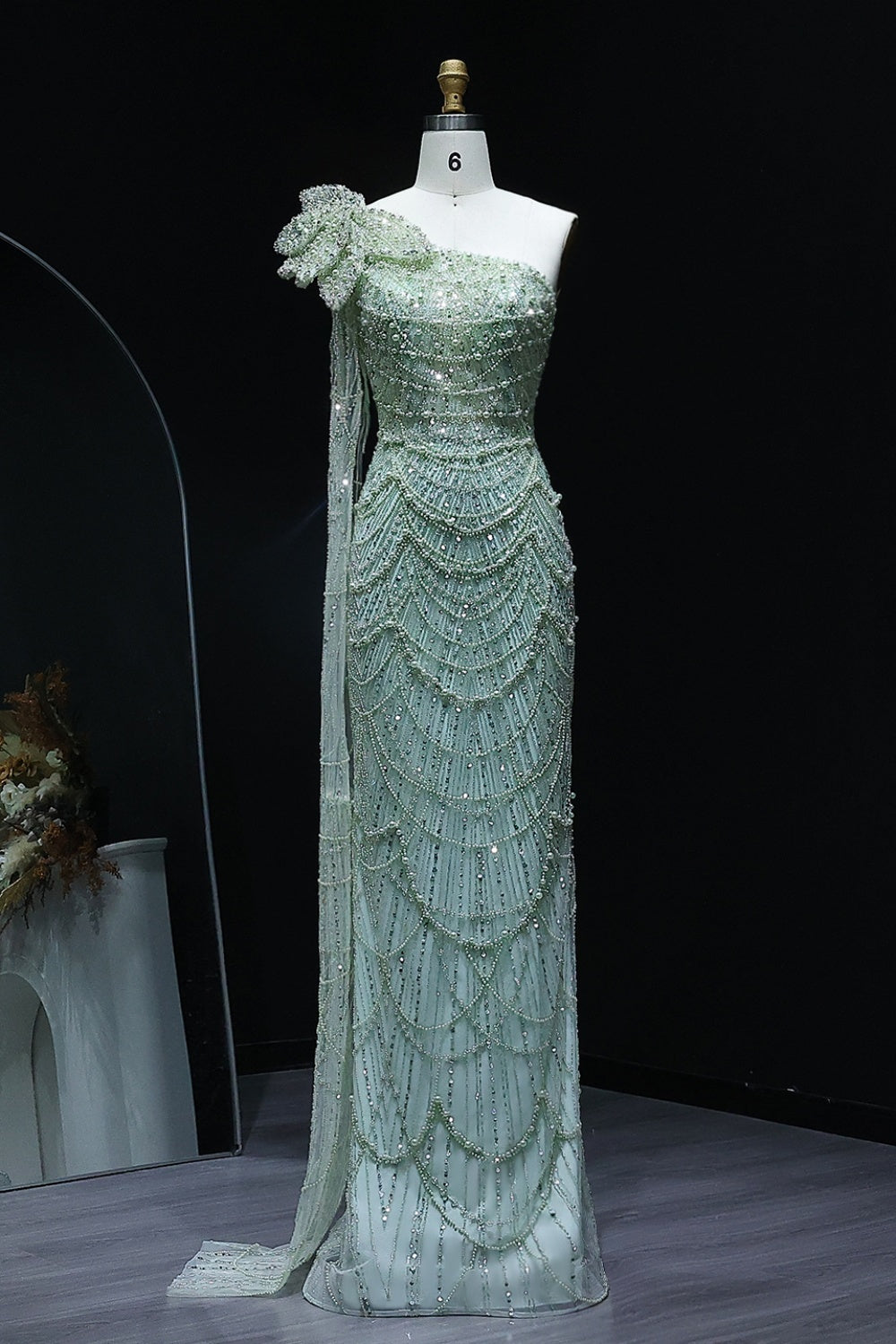 Luxury Pearls 3D Flower Green One Shoulder Evening Dress SS688 Sheer Fairy