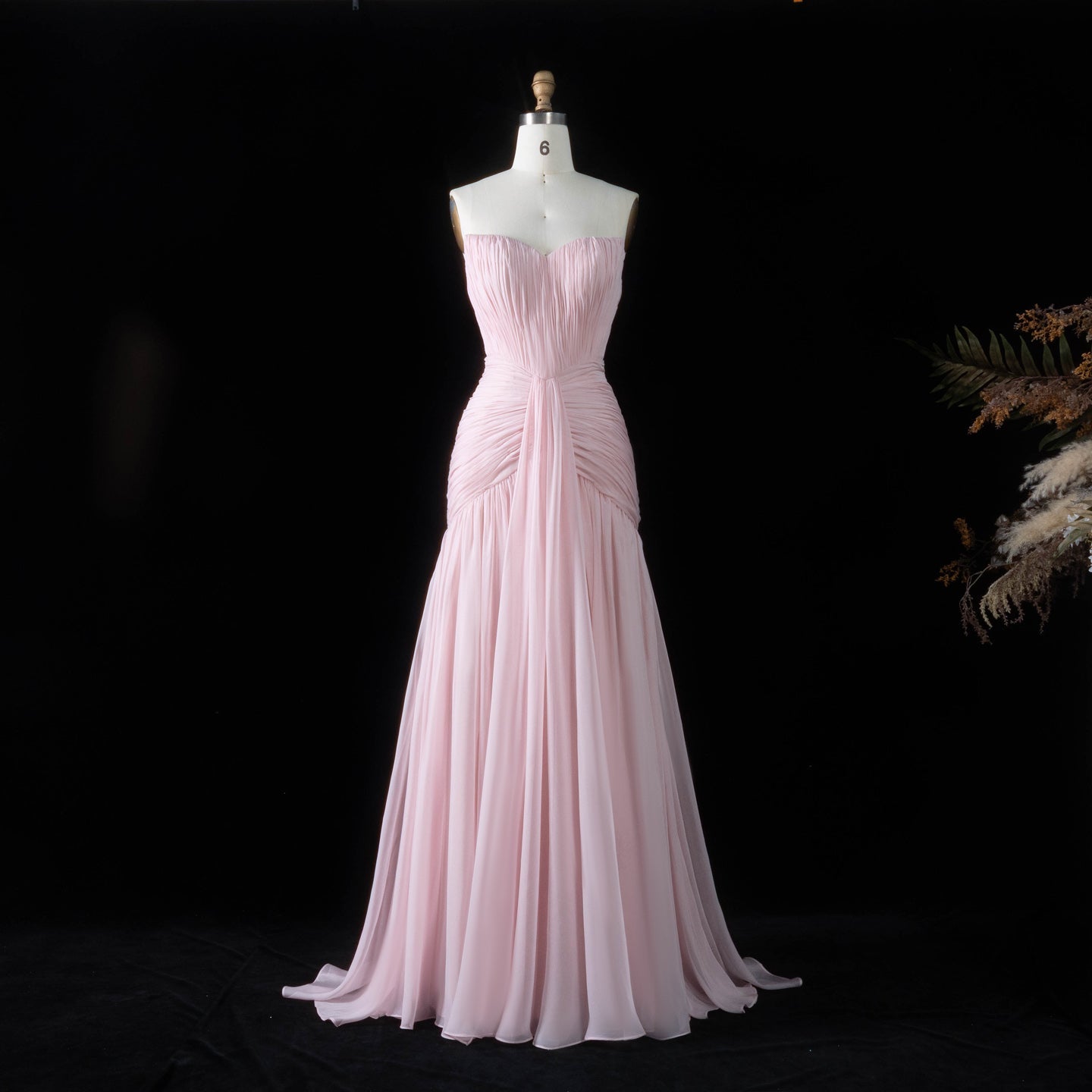 Minimalist Blush Pink Pleated Chiffon Strapless Evening Dress SF057 Sheer Fairy