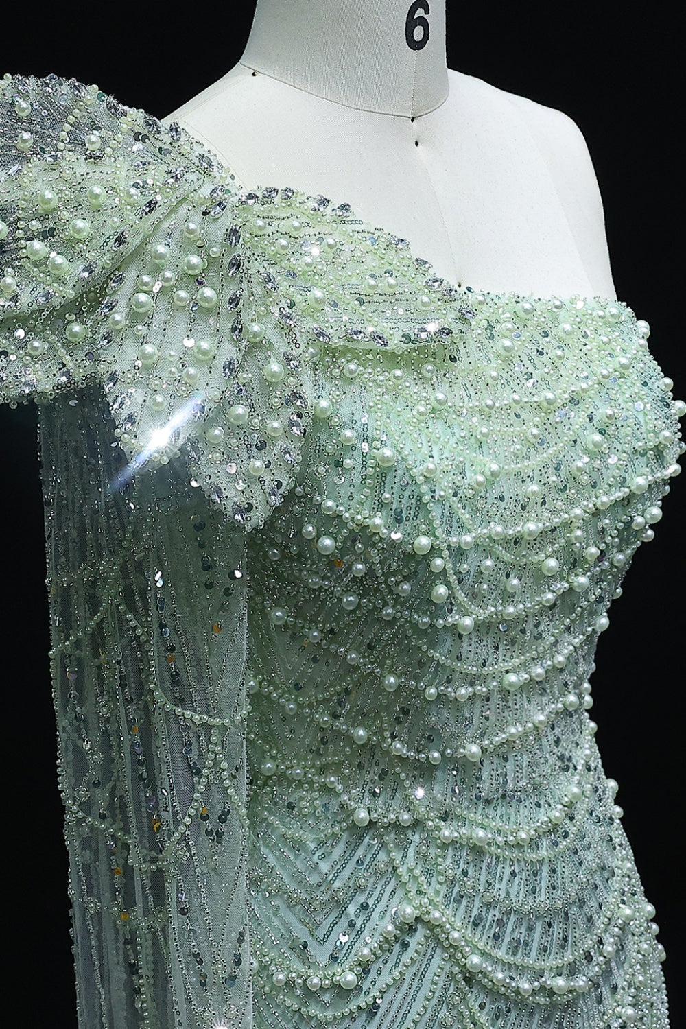 Luxury Pearls 3D Flower Green One Shoulder Evening Dress SS688 Sheer Fairy