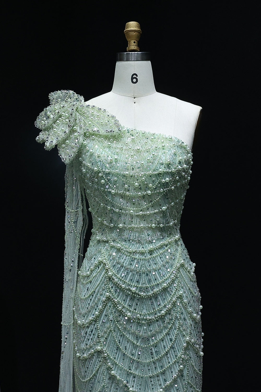 Luxury Pearls 3D Flower Green One Shoulder Evening Dress SS688 Sheer Fairy