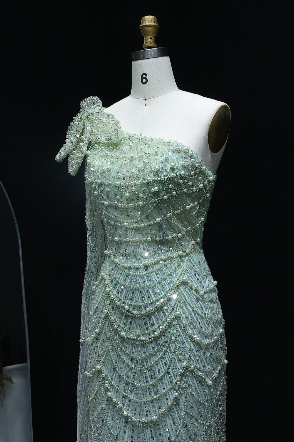 Luxury Pearls 3D Flower Green One Shoulder Evening Dress SS688 Sheer Fairy