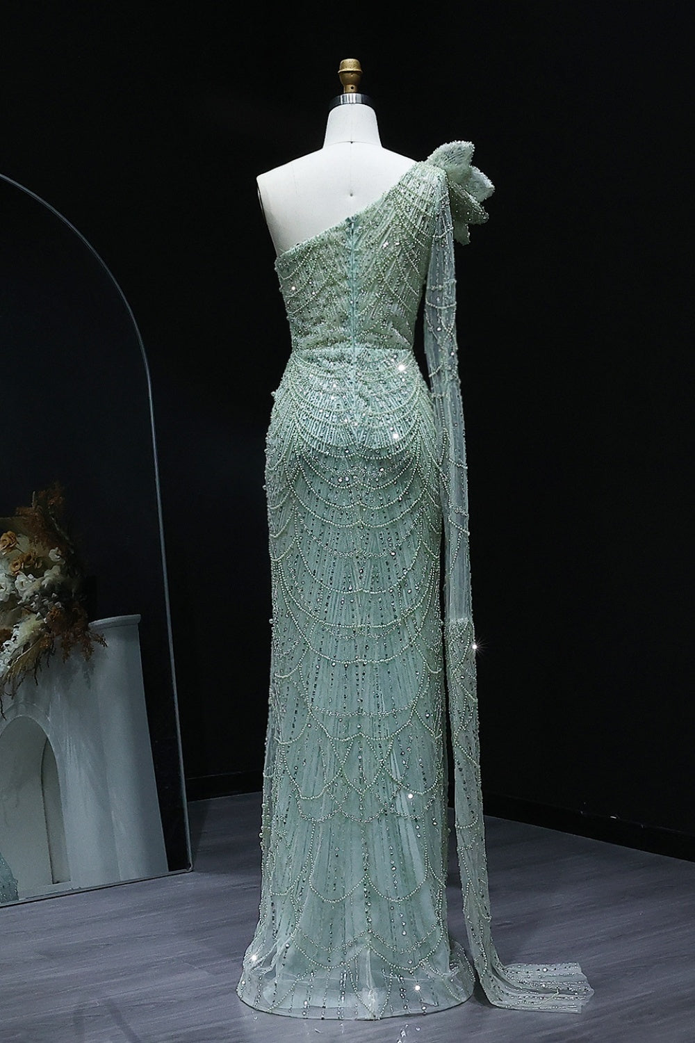 Luxury Pearls 3D Flower Green One Shoulder Evening Dress SS688 Sheer Fairy