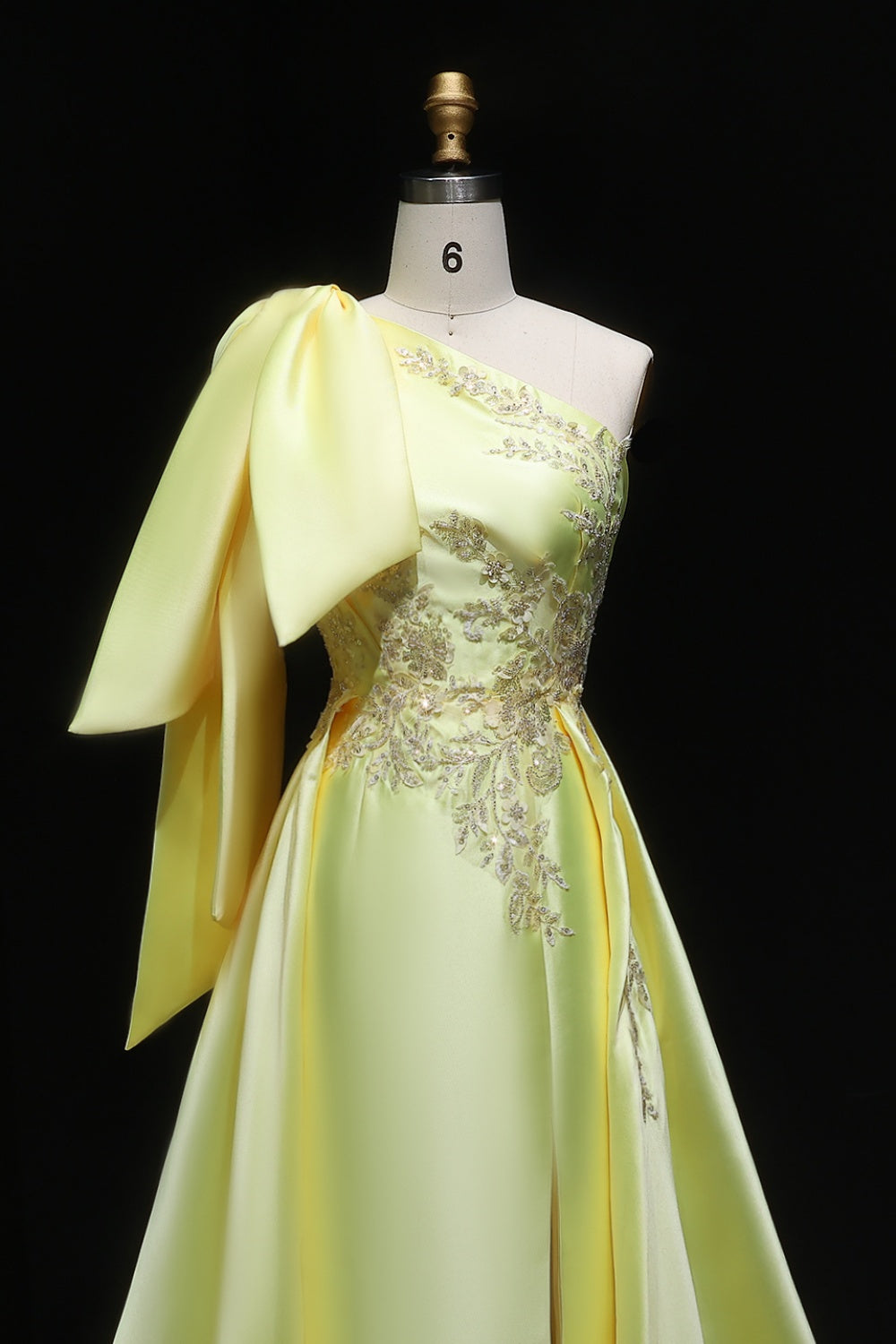 Lemon Yellow Satin Ballgown Evening Dress with Beaded Accent SF212 Sheer Fairy