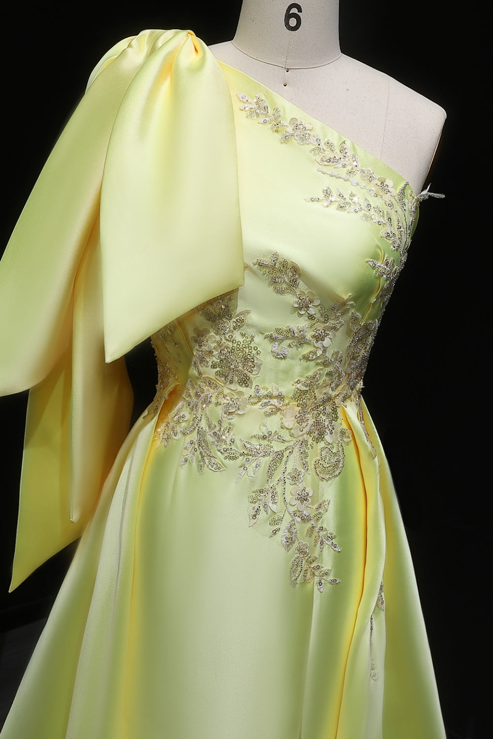 Lemon Yellow Satin Ballgown Evening Dress with Beaded Accent SF212 Sheer Fairy