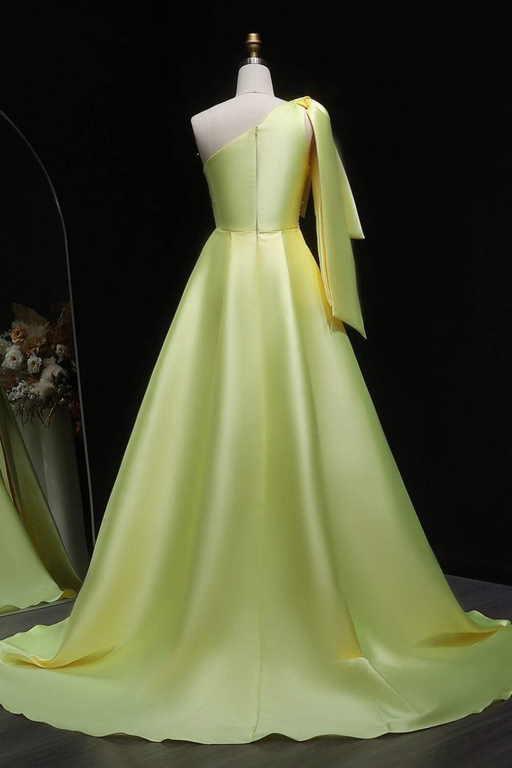 Lemon Yellow Satin Ballgown Evening Dress with Beaded Accent SF212 Sheer Fairy
