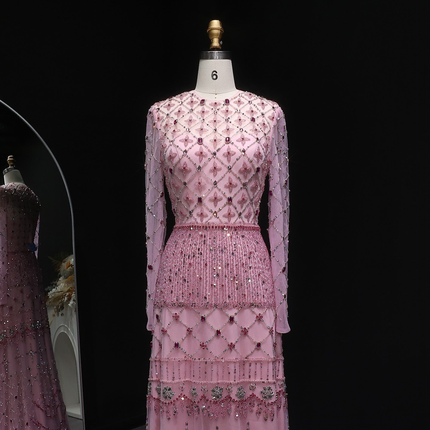 Pink Long-Sleeve Beaded Sheer Evening Dress SS220 Sheer Fairy