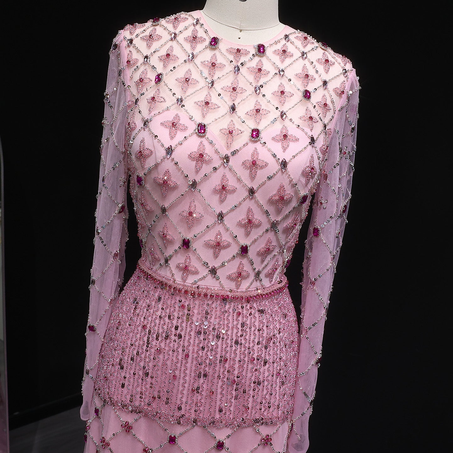 Pink Long-Sleeve Beaded Sheer Evening Dress SS220 Sheer Fairy