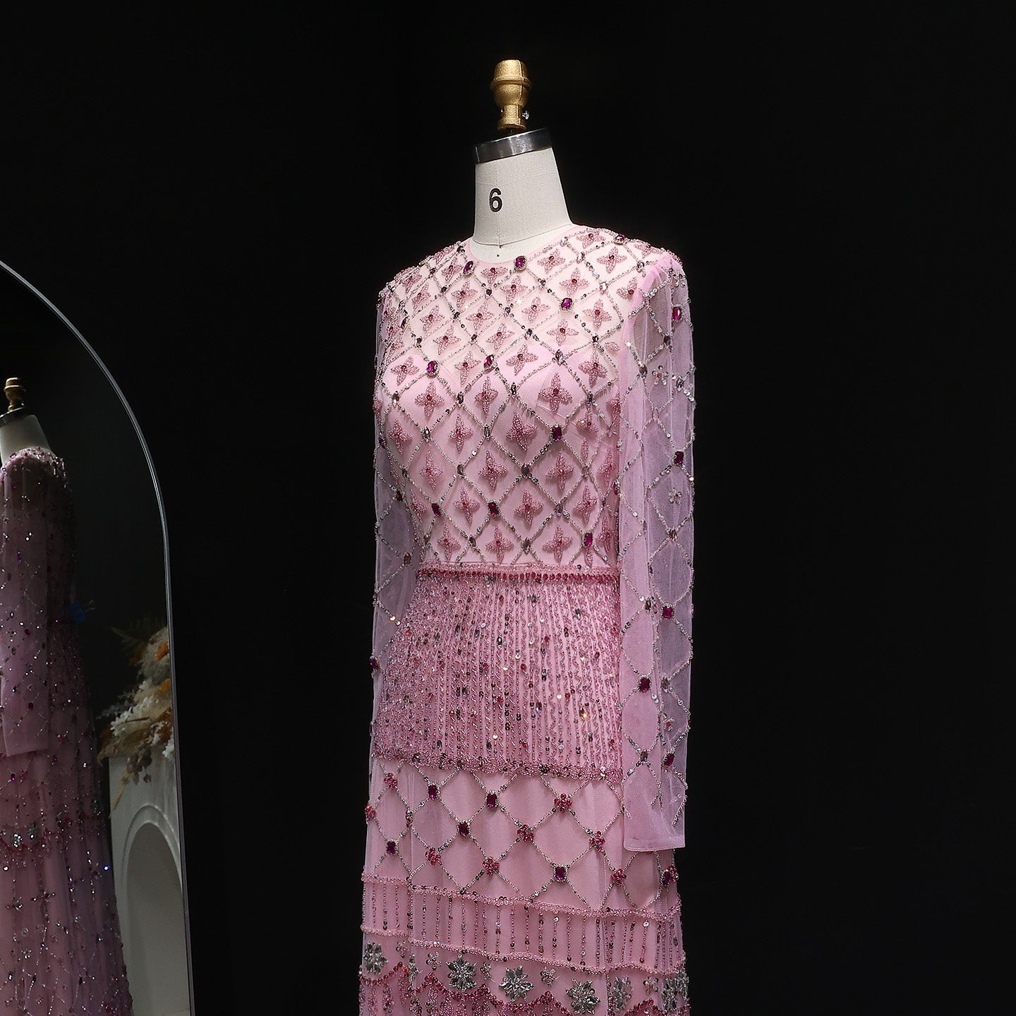 Pink Long-Sleeve Beaded Sheer Evening Dress SS220 Sheer Fairy