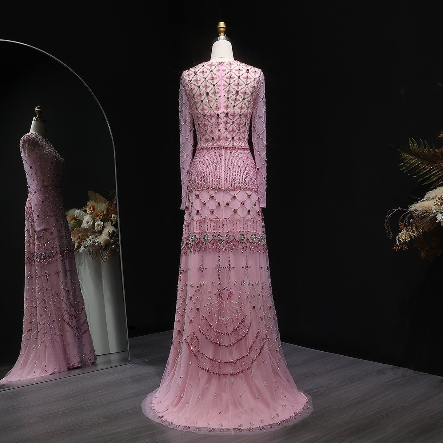Pink Long-Sleeve Beaded Sheer Evening Dress SS220 Sheer Fairy