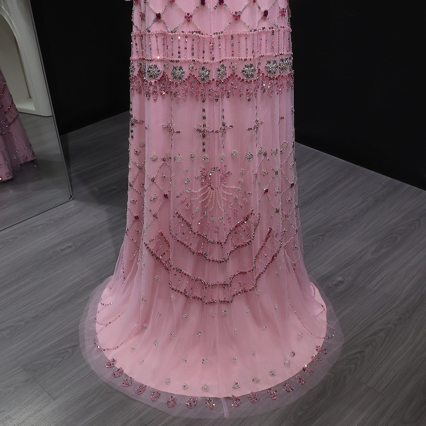 Pink Long-Sleeve Beaded Sheer Evening Dress SS220 Sheer Fairy