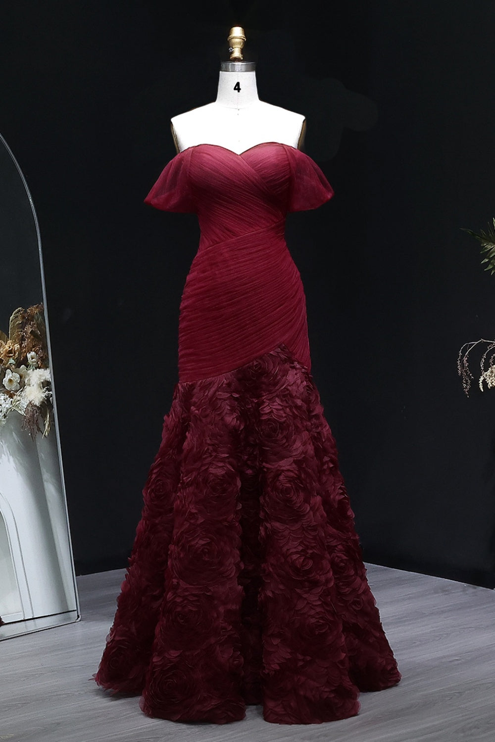 Burgundy Ruched Satin Mermaid Evening Dress SF169 Sheer Fairy