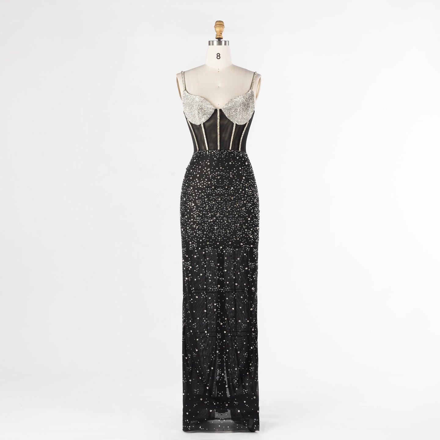 Black Sheer Boned Bustier Evening Dress with Silver Sparkle Cups Floor Length Gown ST025 Sheer Fairy