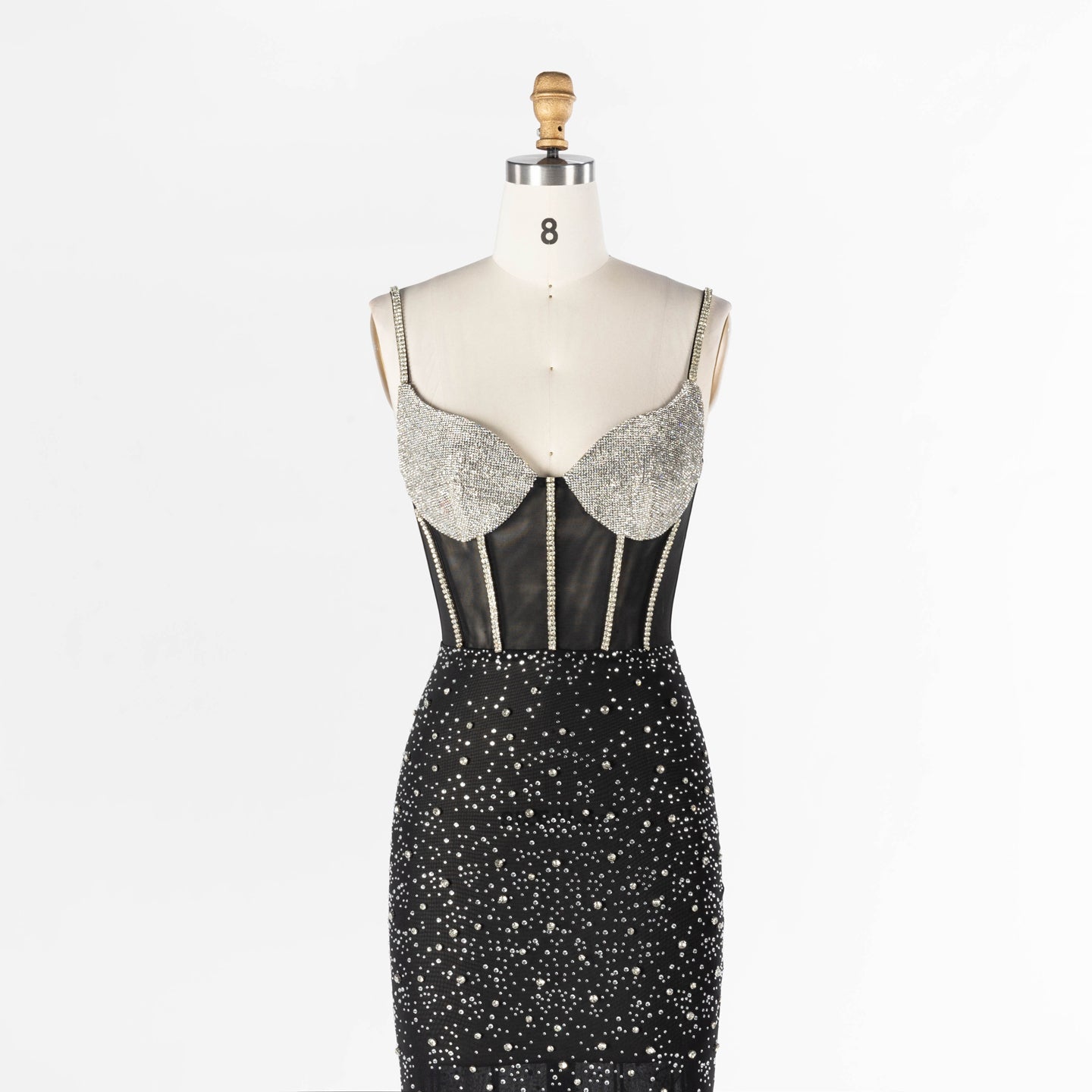 Black Sheer Boned Bustier Evening Dress with Silver Sparkle Cups Floor Length Gown ST025 Sheer Fairy