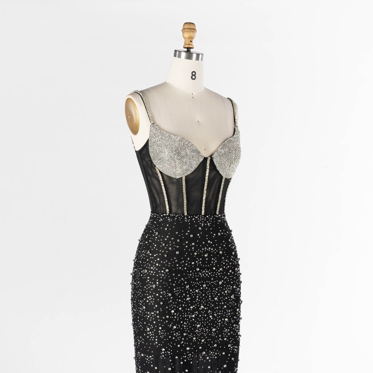 Black Sheer Boned Bustier Evening Dress with Silver Sparkle Cups Floor Length Gown ST025 Sheer Fairy
