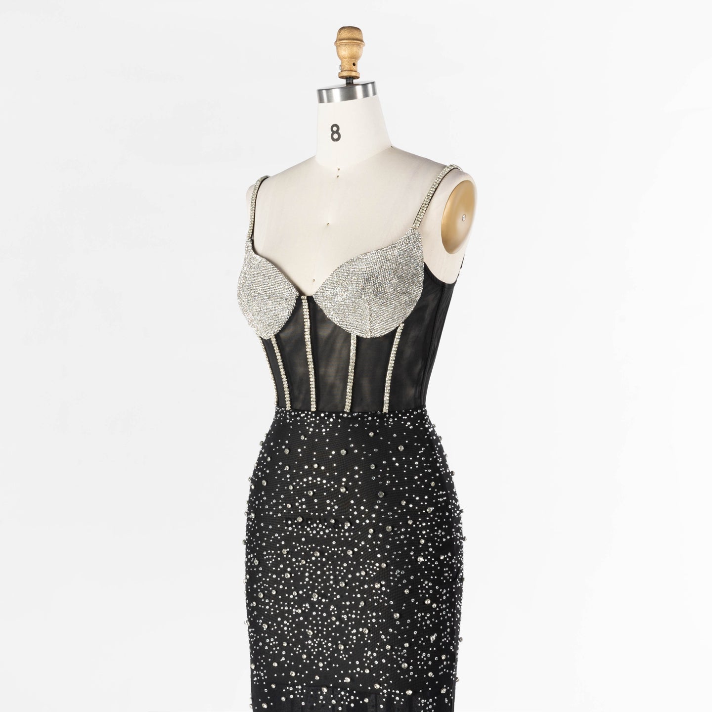 Black Sheer Boned Bustier Evening Dress with Silver Sparkle Cups Floor Length Gown ST025 Sheer Fairy