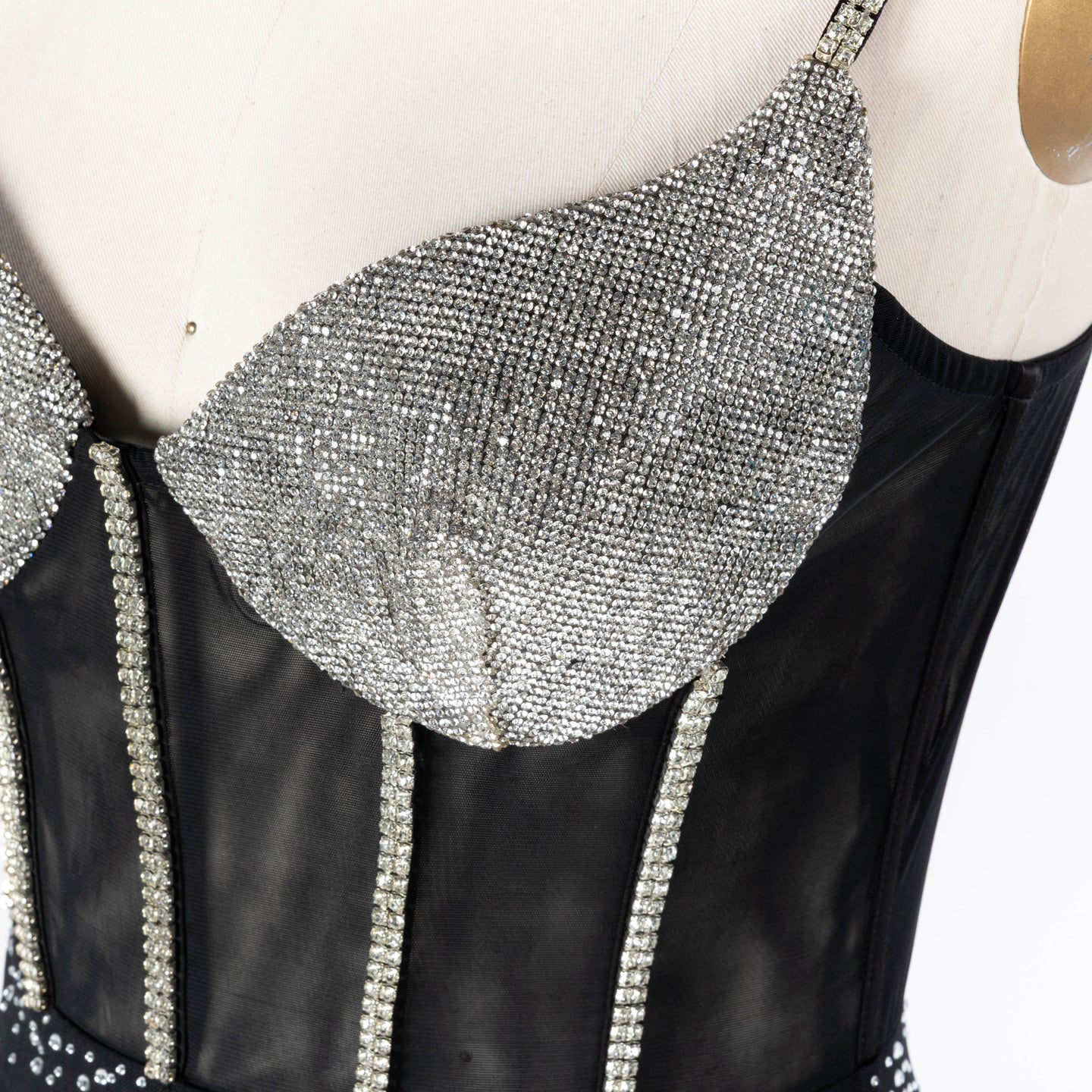 Black Sheer Boned Bustier Evening Dress with Silver Sparkle Cups Floor Length Gown ST025 Sheer Fairy