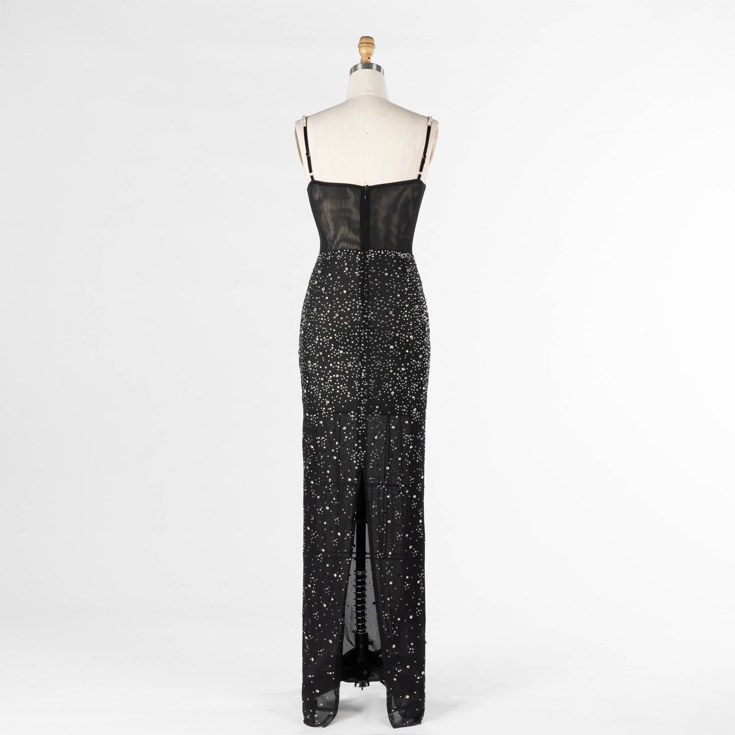 Black Sheer Boned Bustier Evening Dress with Silver Sparkle Cups Floor Length Gown ST025 Sheer Fairy