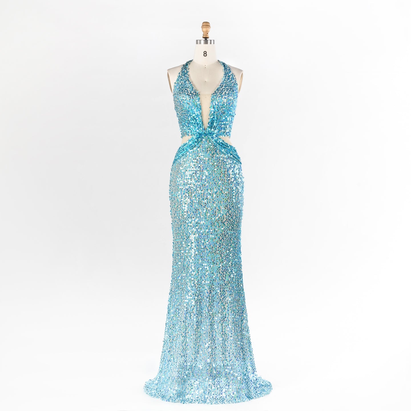 Aqua Blue Sequin Halter Evening Dress with Deep V and Waist Cutouts ST026 Sheer Fairy